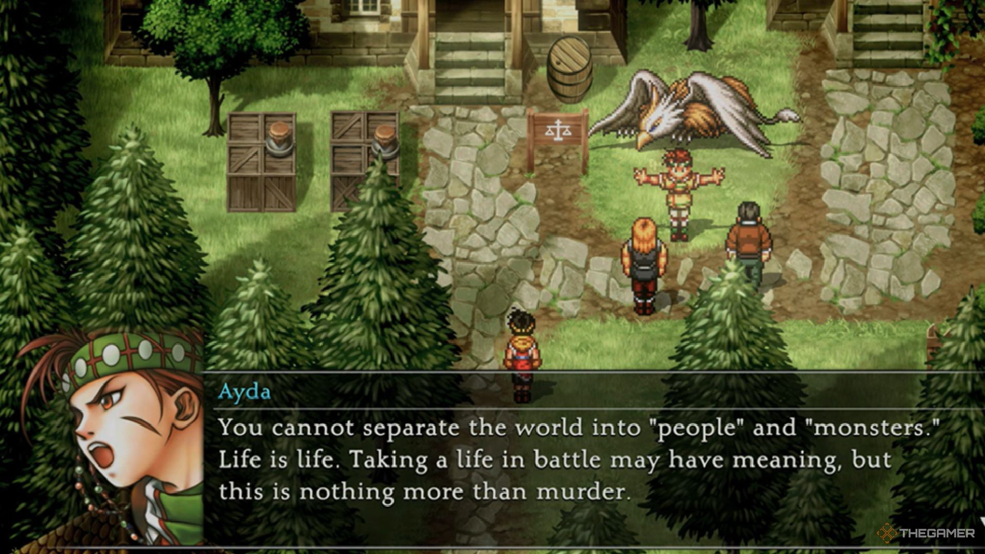 Ayda protects a griffin from a group of angry villager in Suikoden 2 HD remaster.
