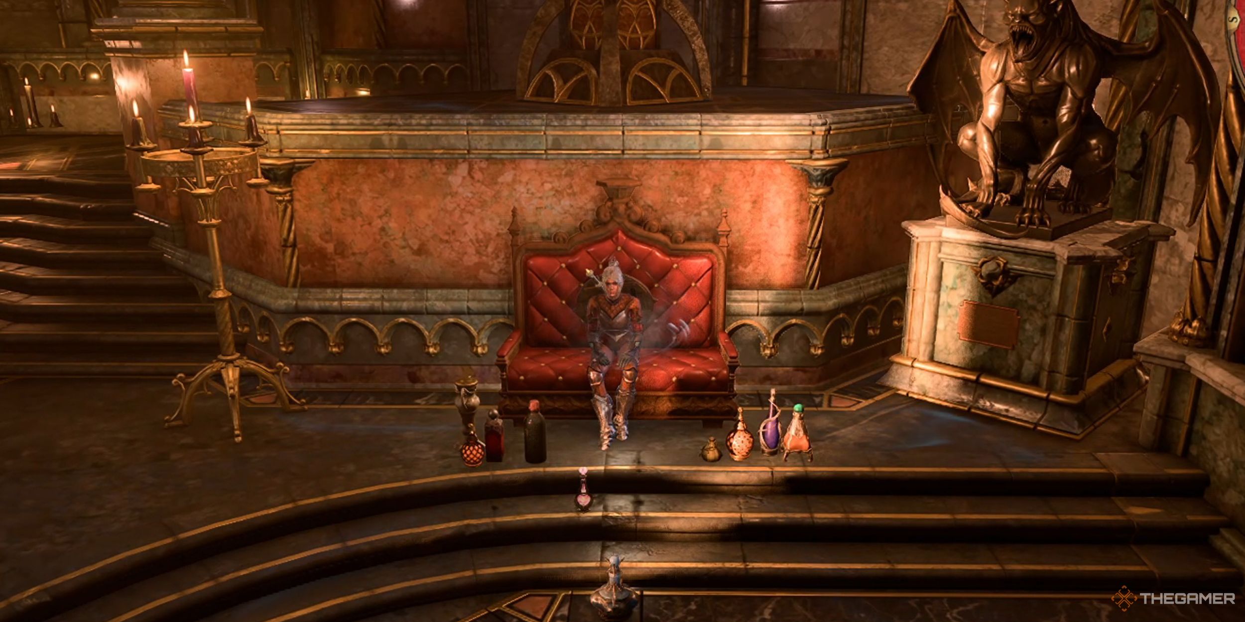 Shadowheart seated surrounded by several elixirs in Baldur&rsquo;s Gate 3.