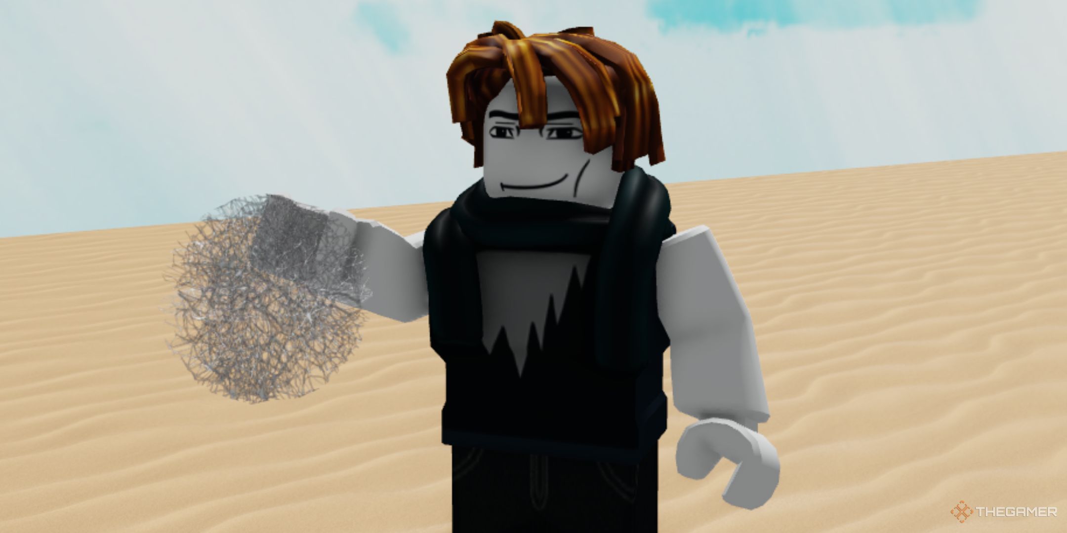 The player character holding Ball of Web with his right hand while smiling in Ability Wars.
