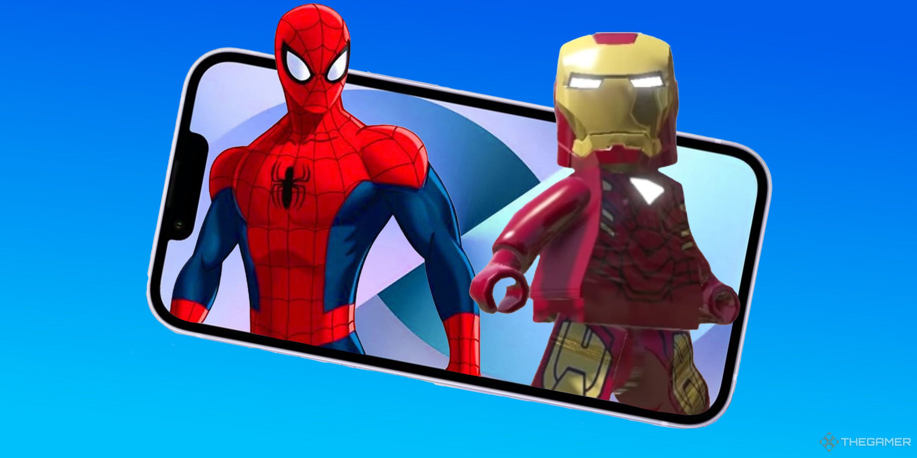 Spider-Man and Lego Iron Man emerging from an iPhone.