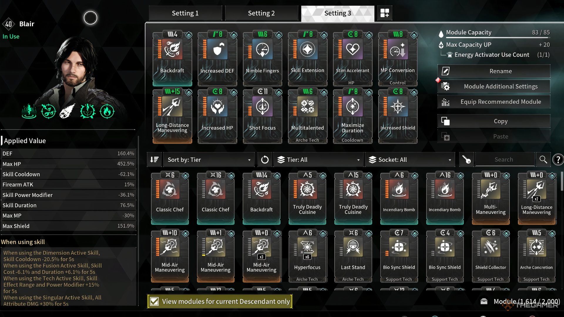 Showcasing Blair&rsquo;s build complete with stats and modules in The First Descendant.