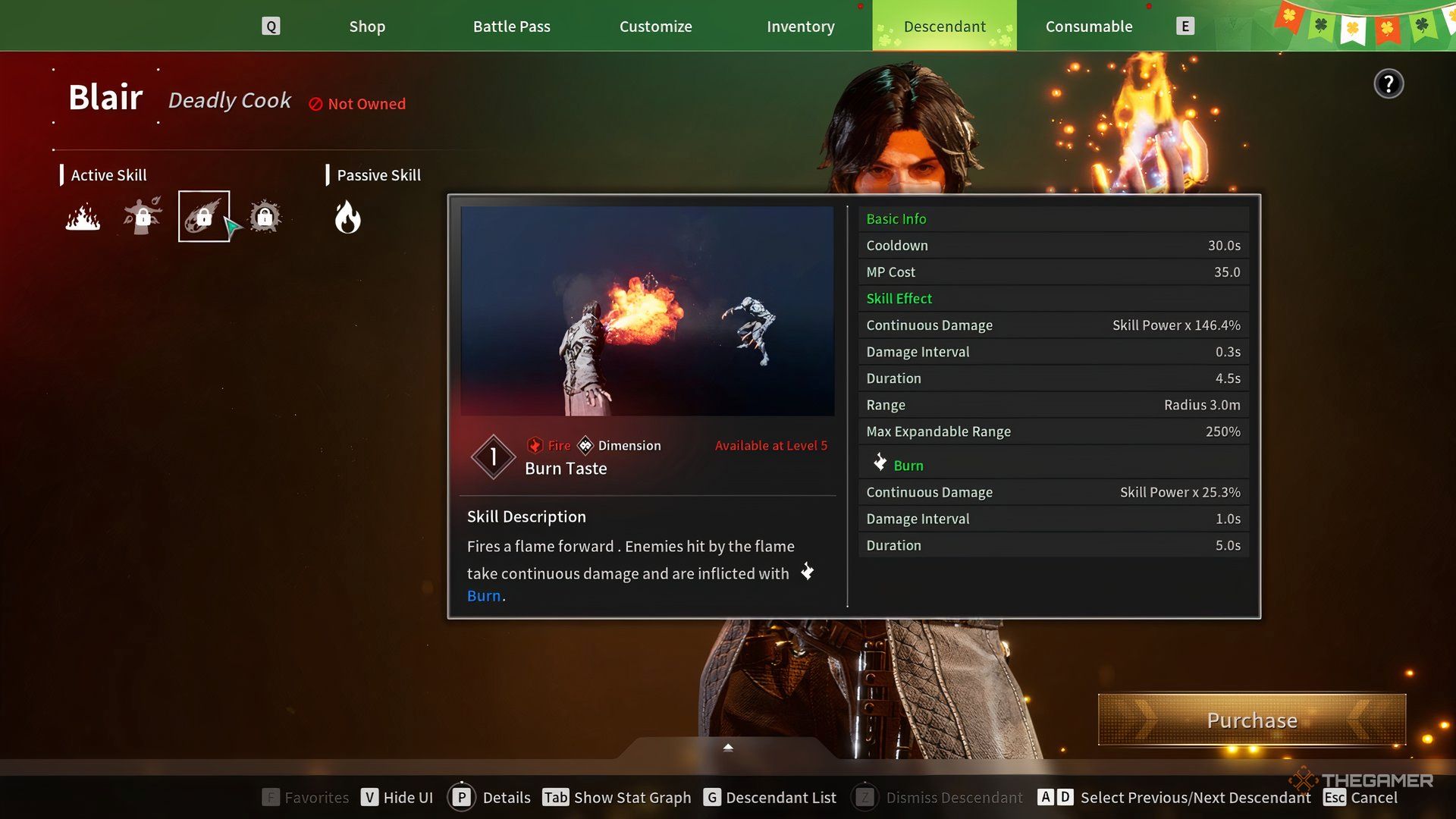 Showcasing Blair&rsquo;s Burn Taste skill via a preview window in The First Descendant.