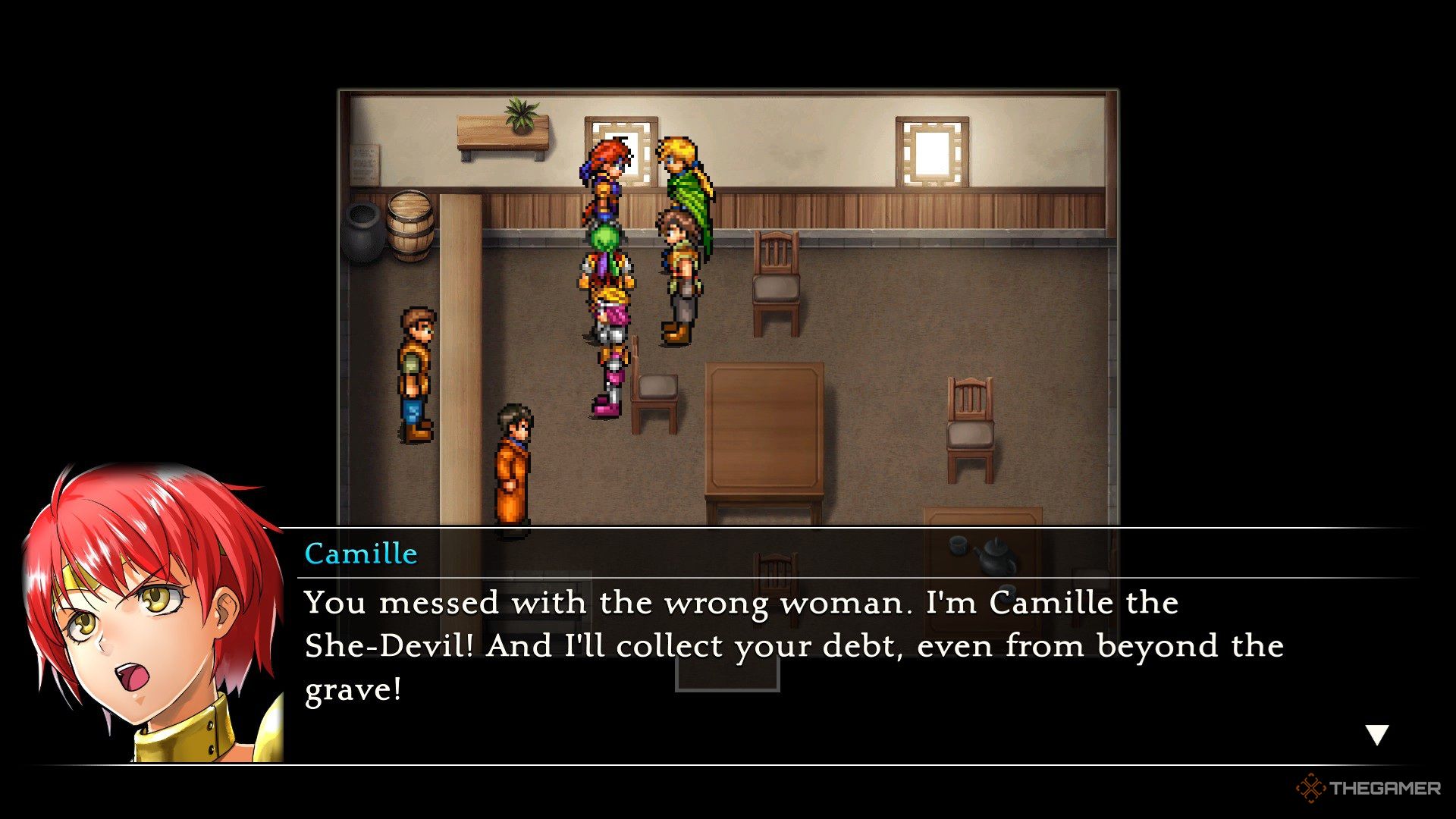 Camille introduces herself as a debt collector in Suikoden 1 HD Remaster.