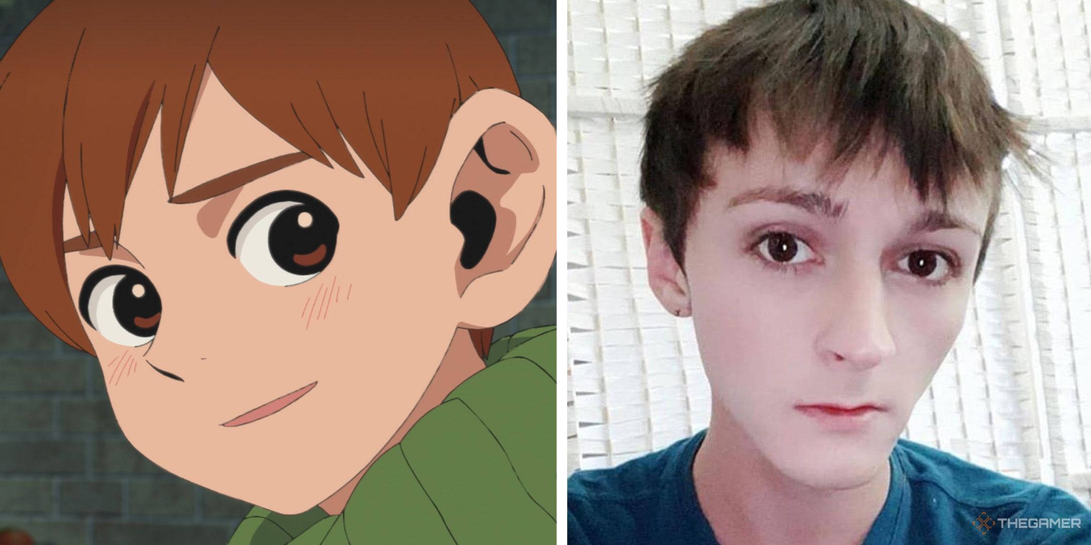 A split image of Chilchuck Tims from Delicious in Dungeon and his voice actor Casey Mongillo.