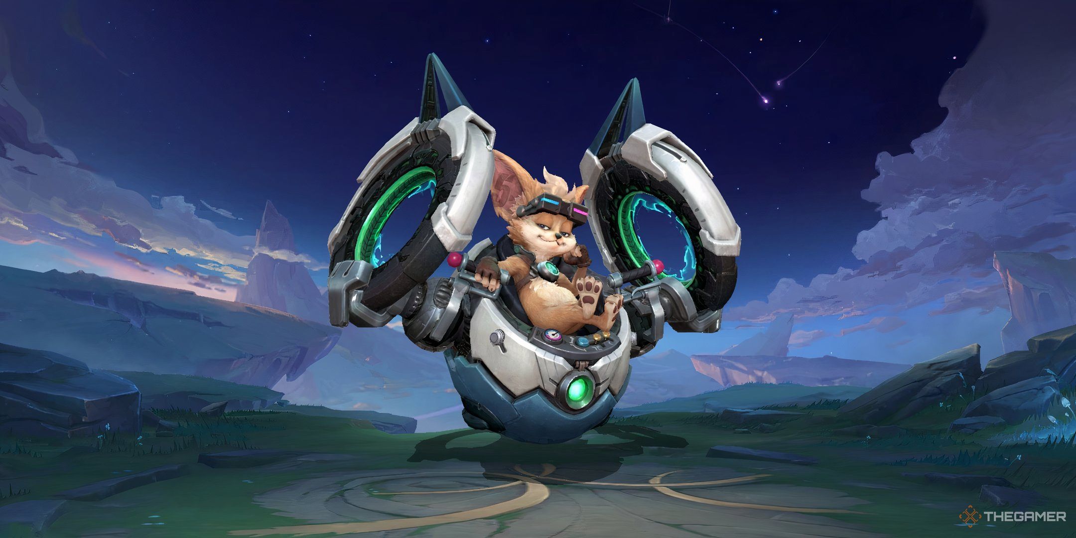 Chip from Mobile Legends Bang Bang sitting on his mech with a smug look on his face.