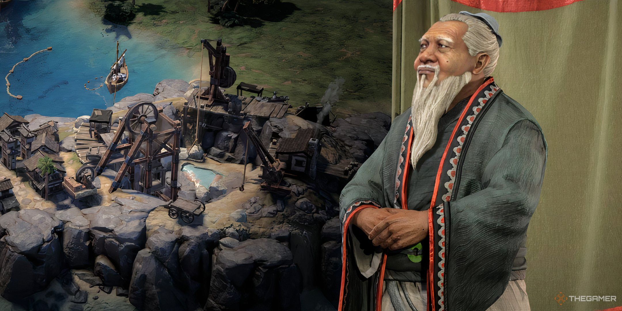 Confucius staring at the production of a water mill in Civilization 7.