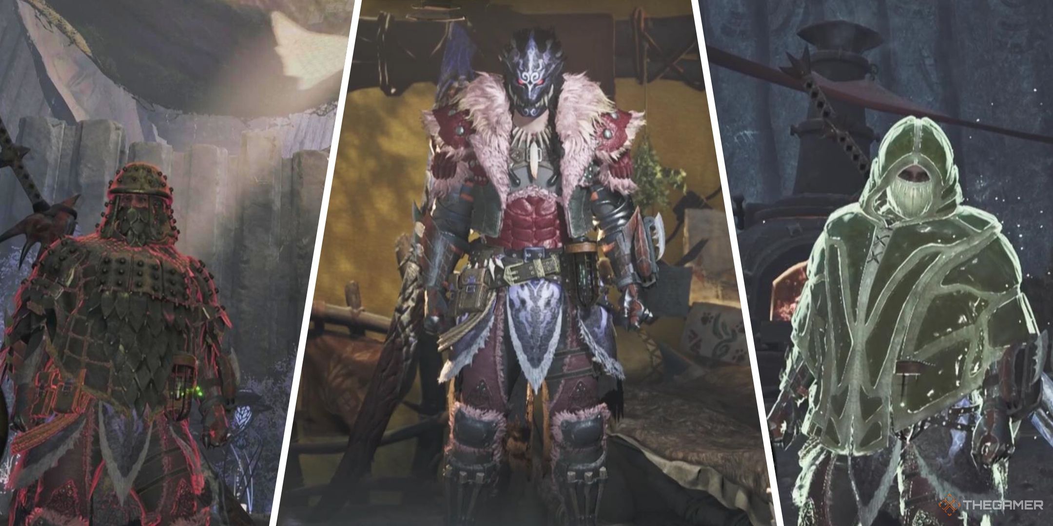 A Hunter stands staring at us in the center, with a Hunter wearing the Rocksteady Mantle on the left, and a Hunter wearing the Mending Mantle on the right, all in Monster Hunter Wilds.