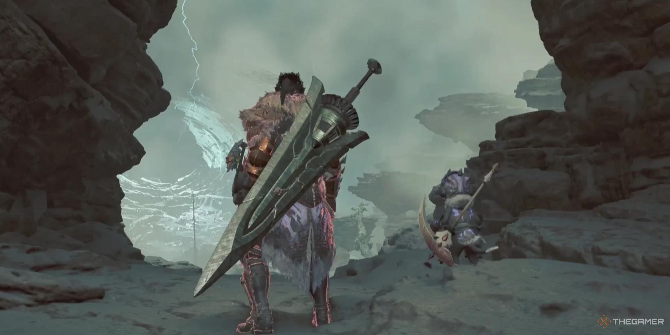 A Hunter stands looking into a storm, with a Great Sword hanging on their back in Monster Hunter Wilds.