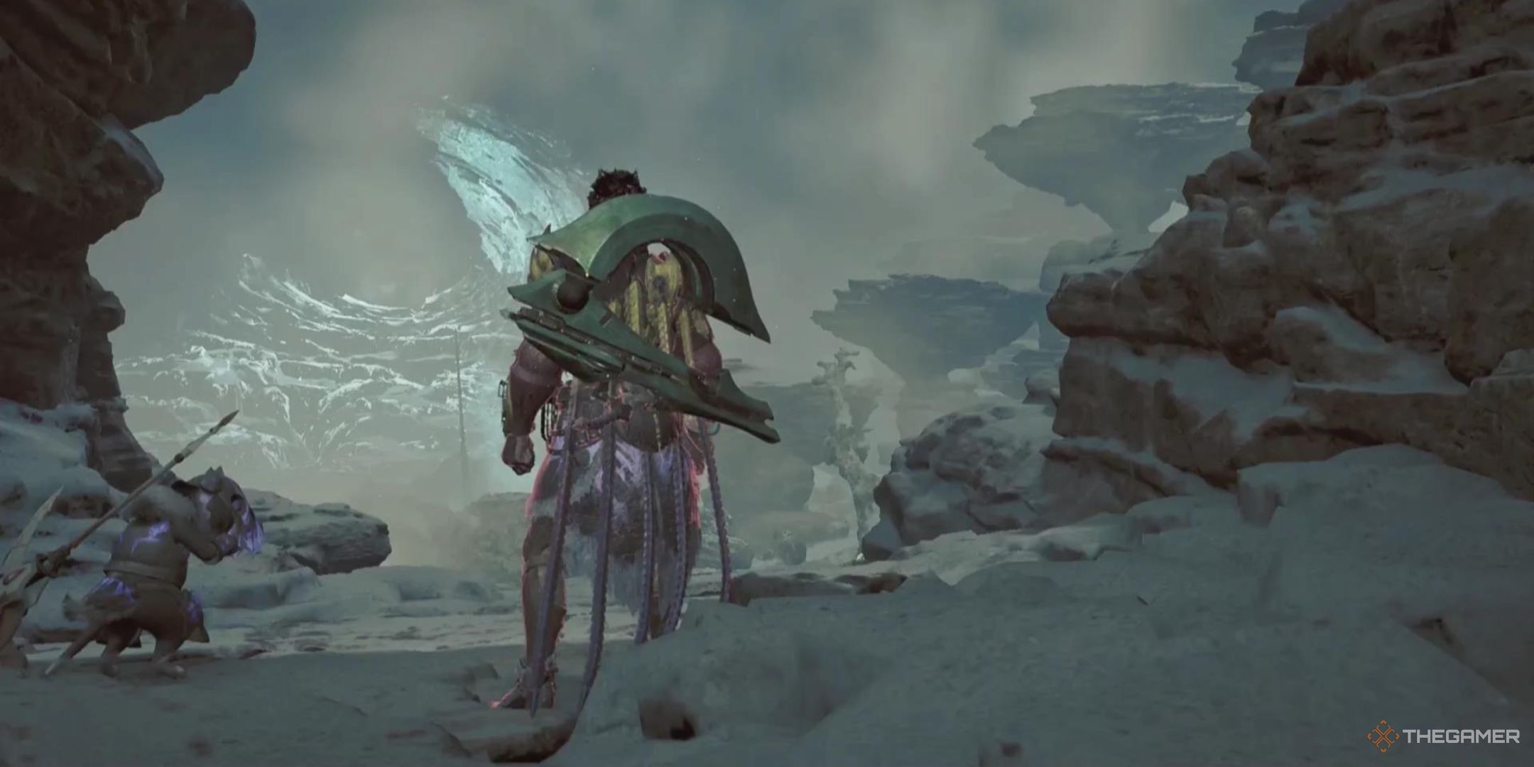 A Hunter stands looking into the distance with a Heavy Bowgun on their back in Monster Hunter Wilds.