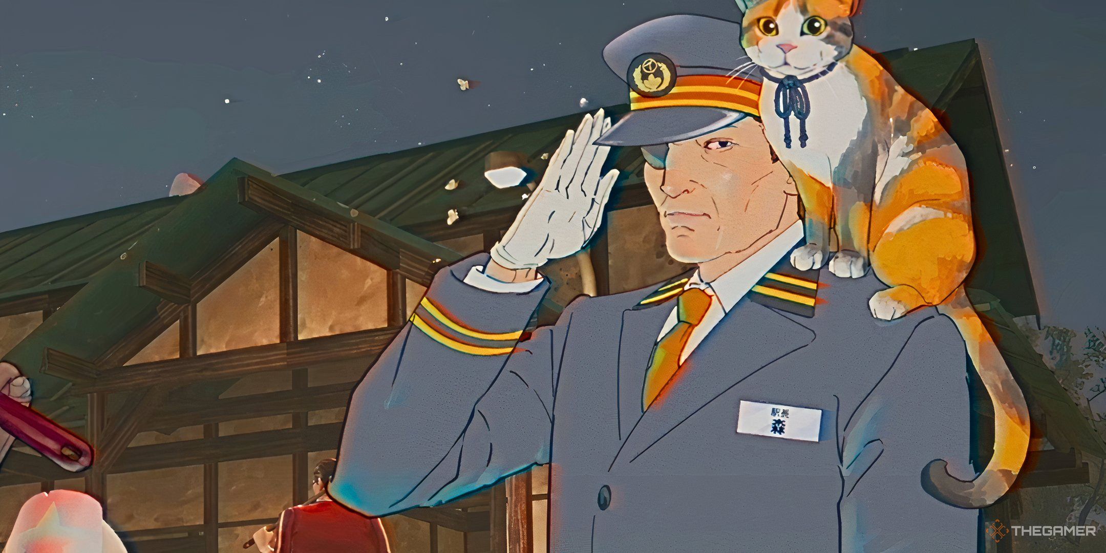 Station Master Mori and his cat Tora in Promise Mascot Agency.