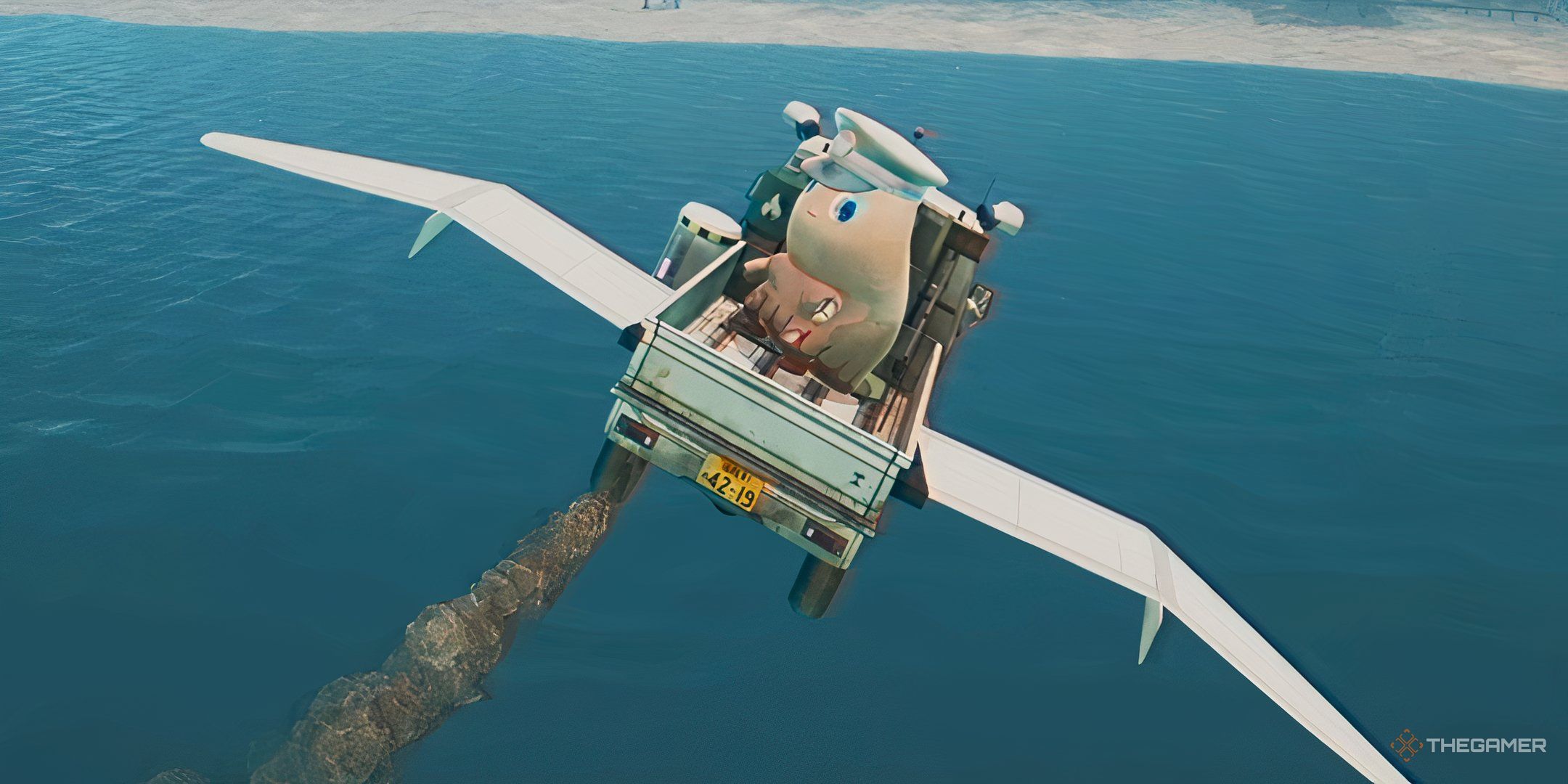 Pinky and the Janitor flying over the ocean in Promise Mascot Agency.
