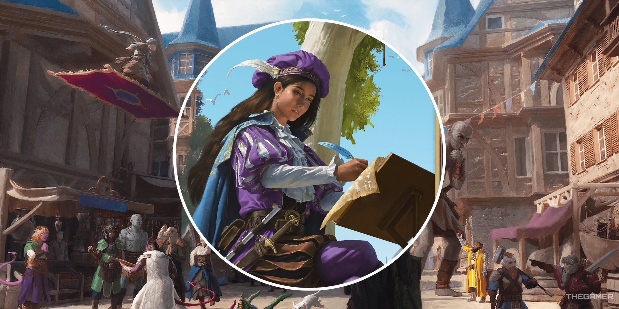A bard working on a spell scroll during a downtime session in Dungeons &amp; Dragons, in a split image with a city.