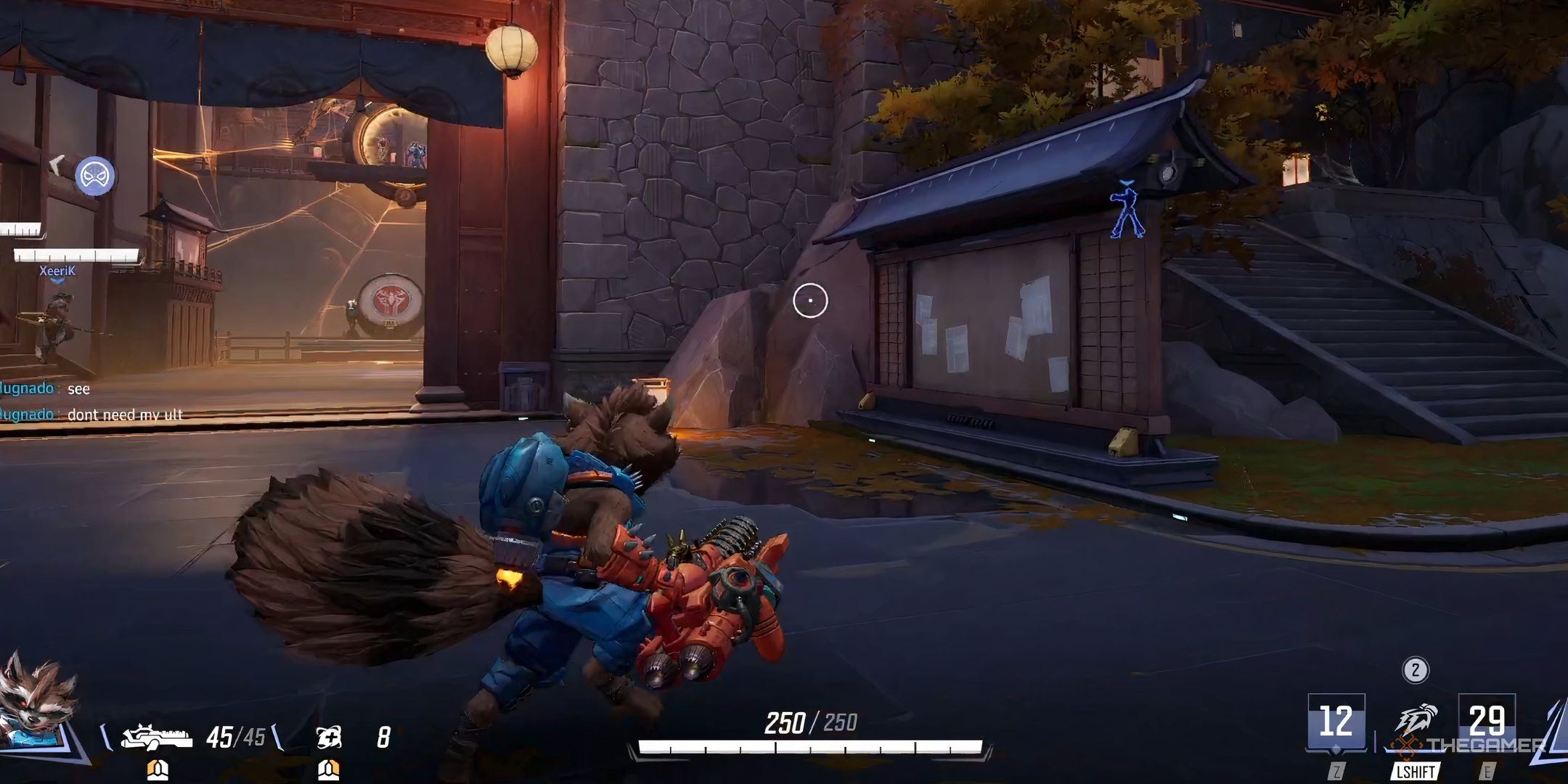 Rocket racing ahead on the Tokyo 2099 map in Marvel Rivals.