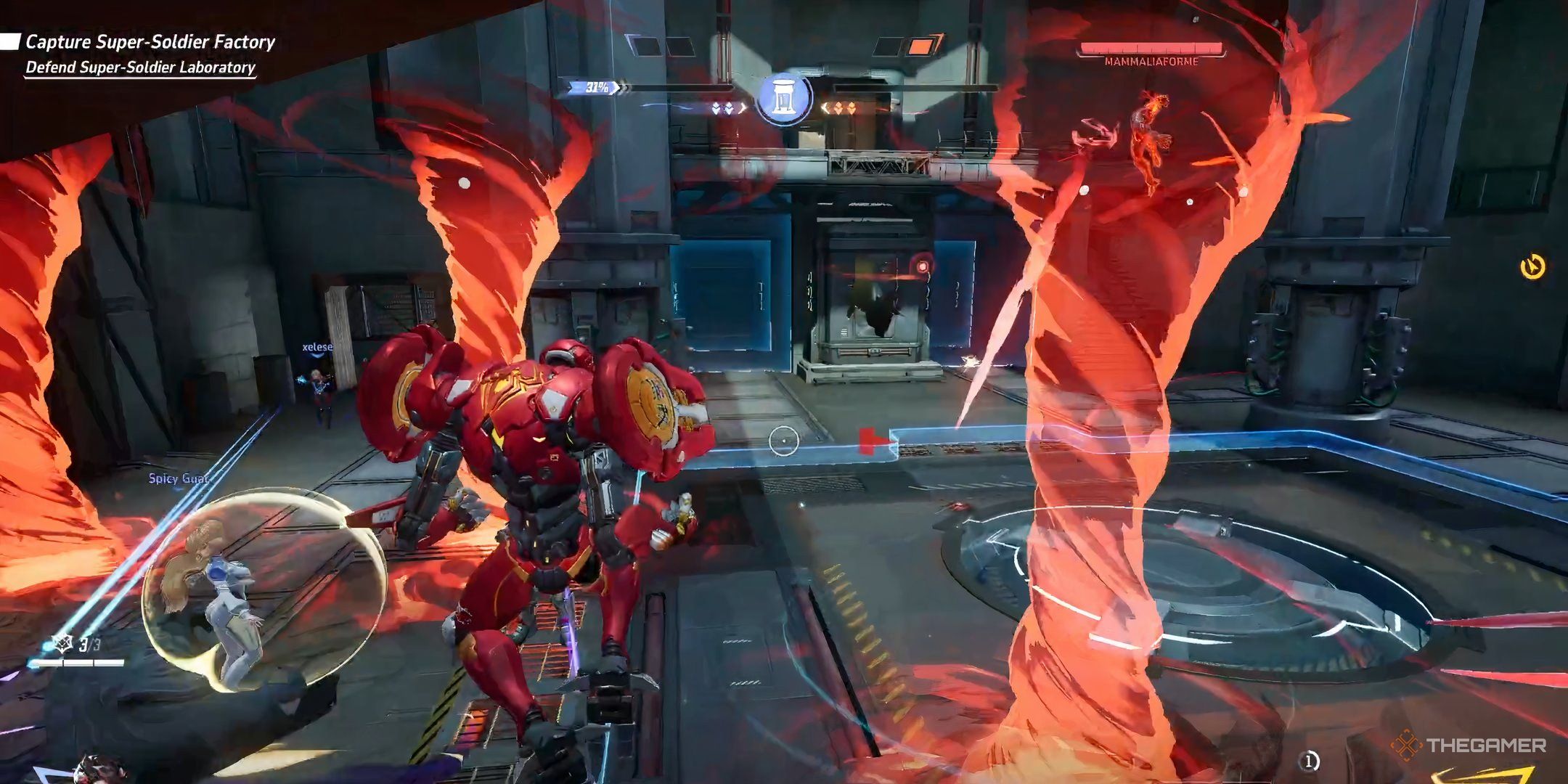 Peni Parker in between fire tornados on a domination map in Marvel Rivals.