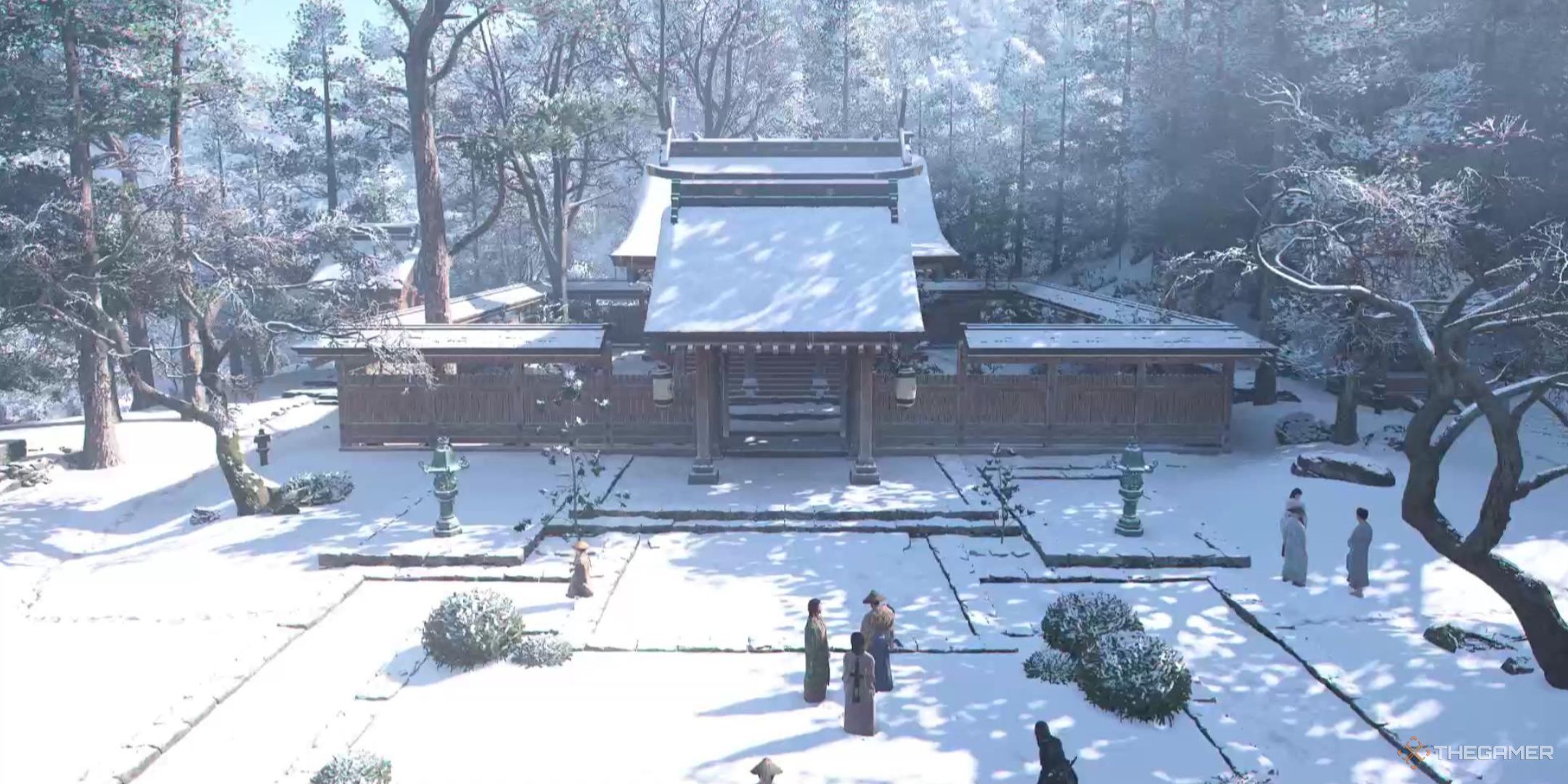 A shrine stands covered in snow in the daytime in Assassin&rsquo;s Creed Shadows.