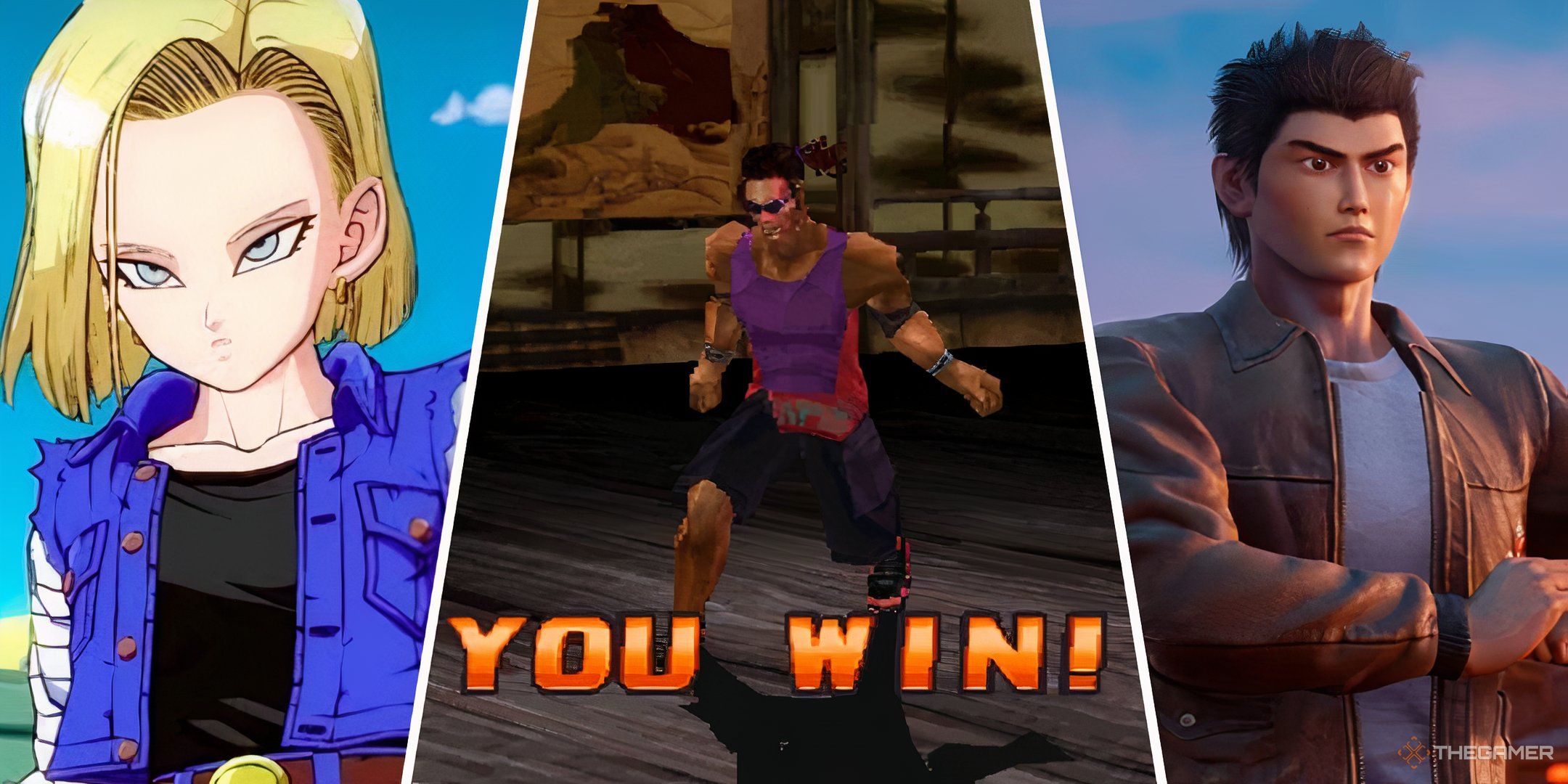 Split image of Android 18 from Dragon Ball Fighterz, Eddy from Tekken 3 and Ryo from Shenmue 3.