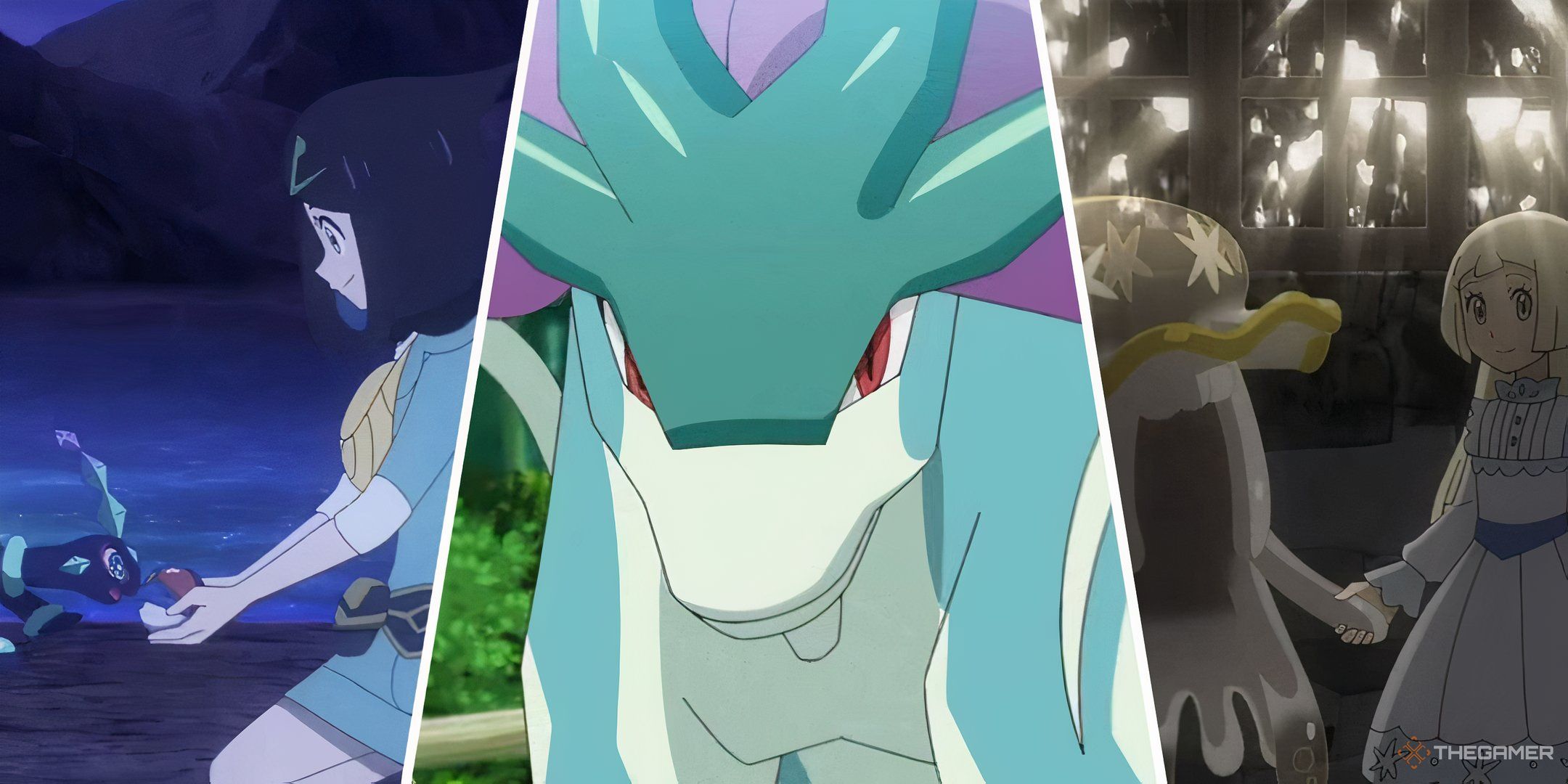 Liko and Terapagos, Suicune, and Lillie and Nihilego side by side in a collage as scenes from the Pokemon anime.