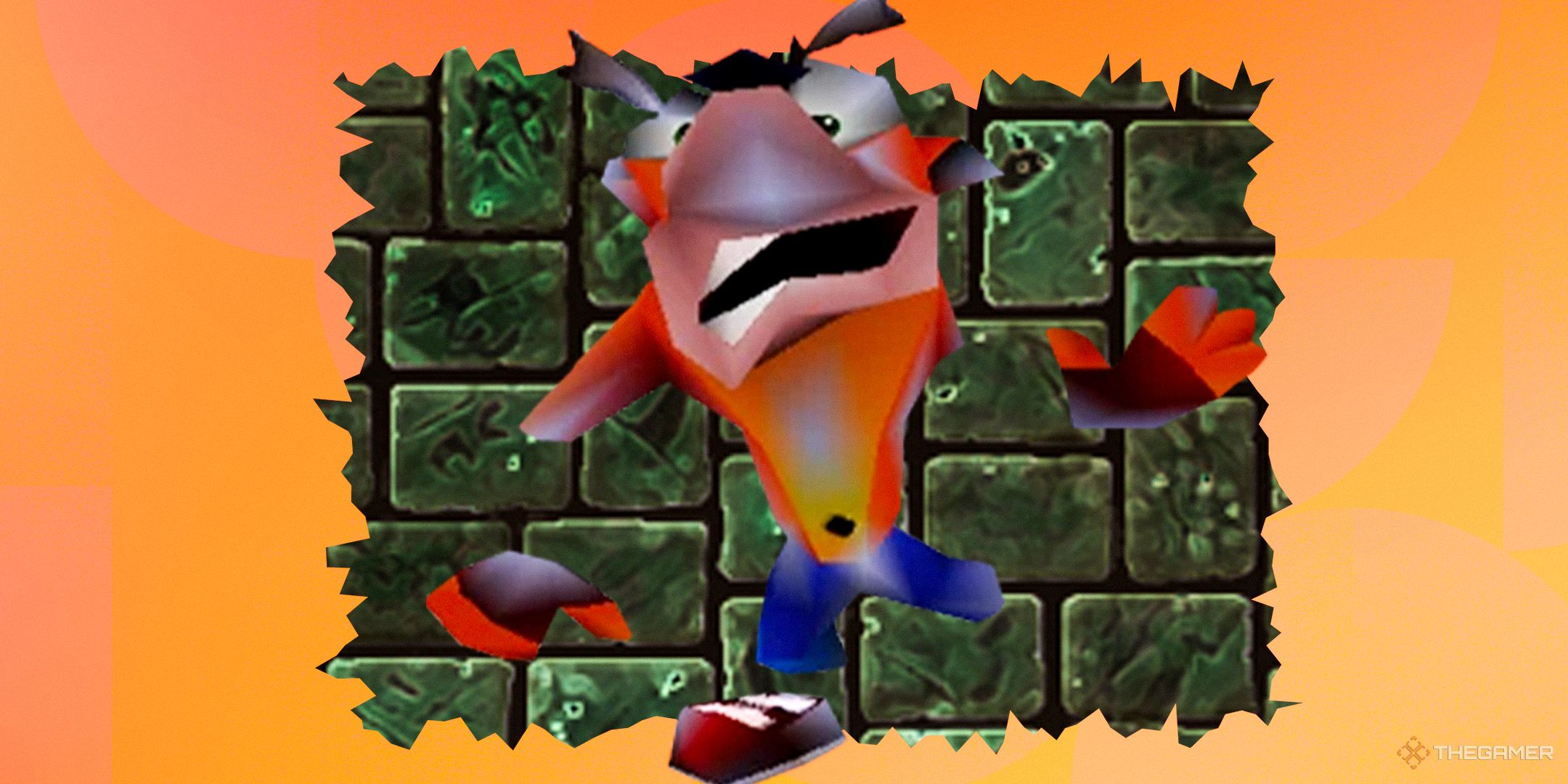 Old school Crash Bandicoot stuck in a wall.