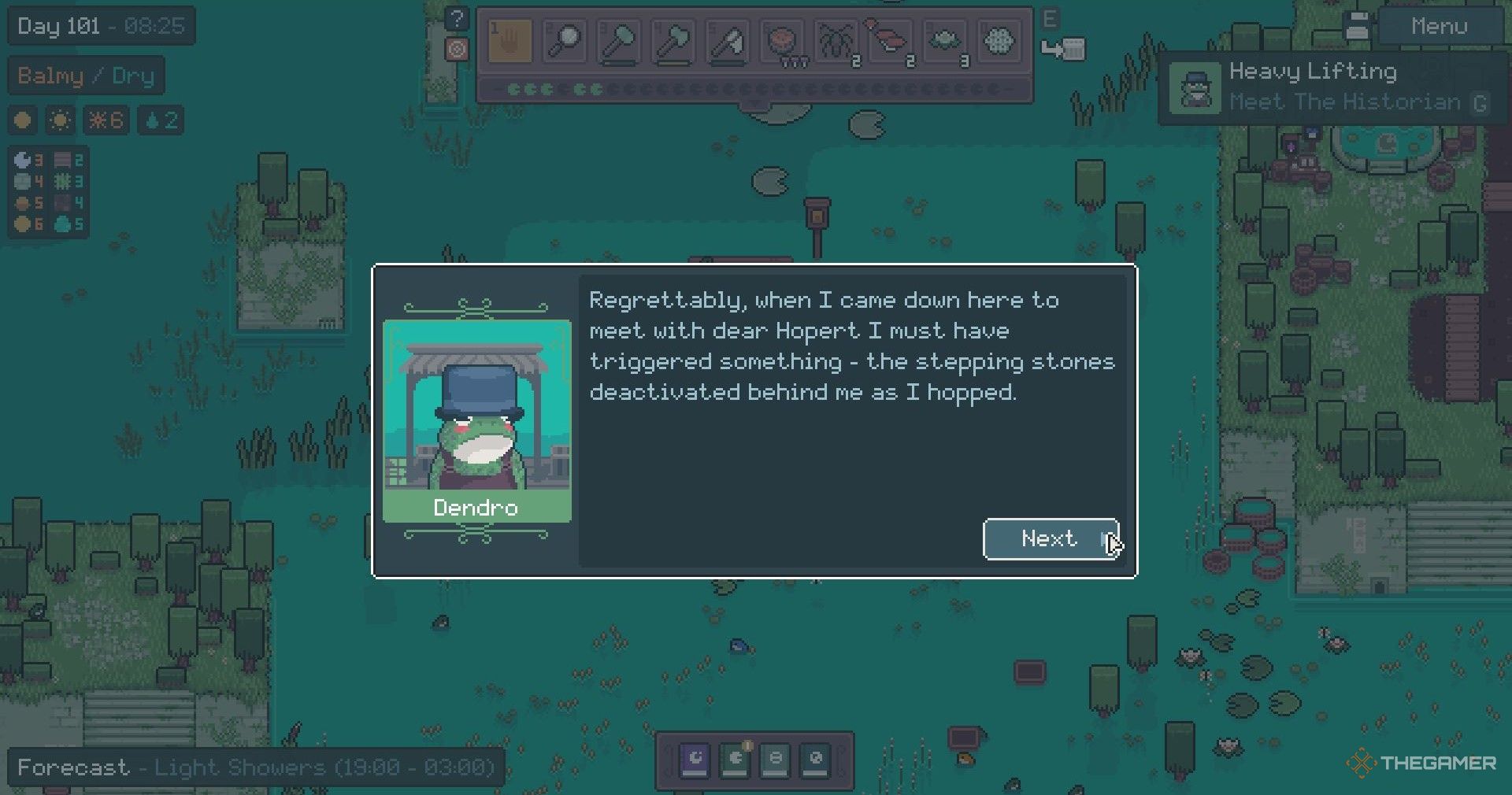 Dendro telling you about the stepping stones in the Northern Pool quest in Mudborne.