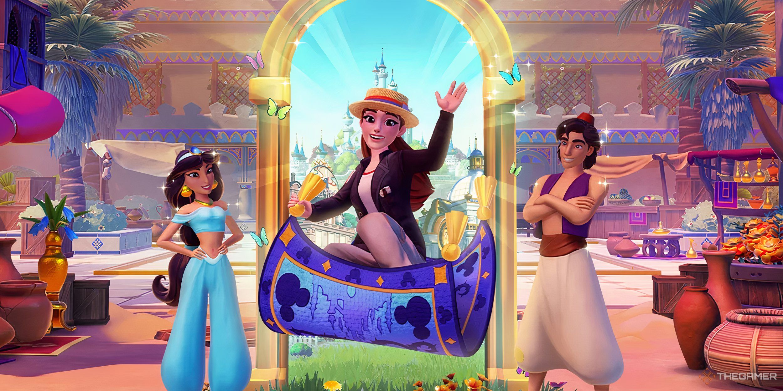 The avatar on a magic carpet, surrounded by Jasmine and Aladdin in Agrabah.