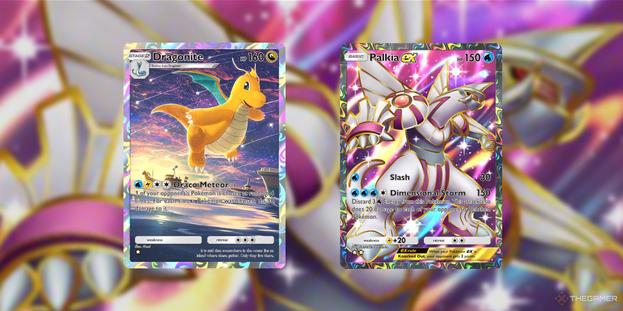 The rare art versions of the Dragonite and Palkia ex cards in Pokemon TCG Pocket.