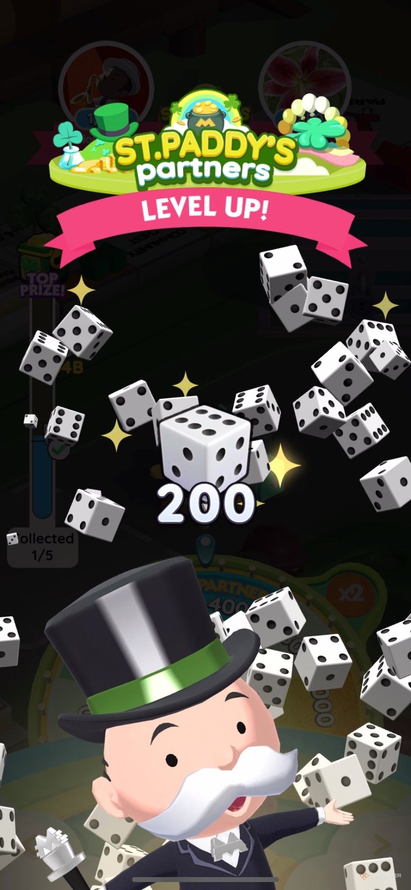 Earning 200 free dice rolls from St. Paddy's Partners in Monopoly Go.