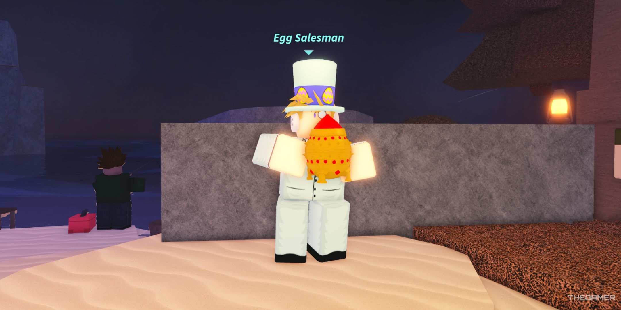 The role of the player is showing egg salesman at the island of Fish's Mozwood Island.