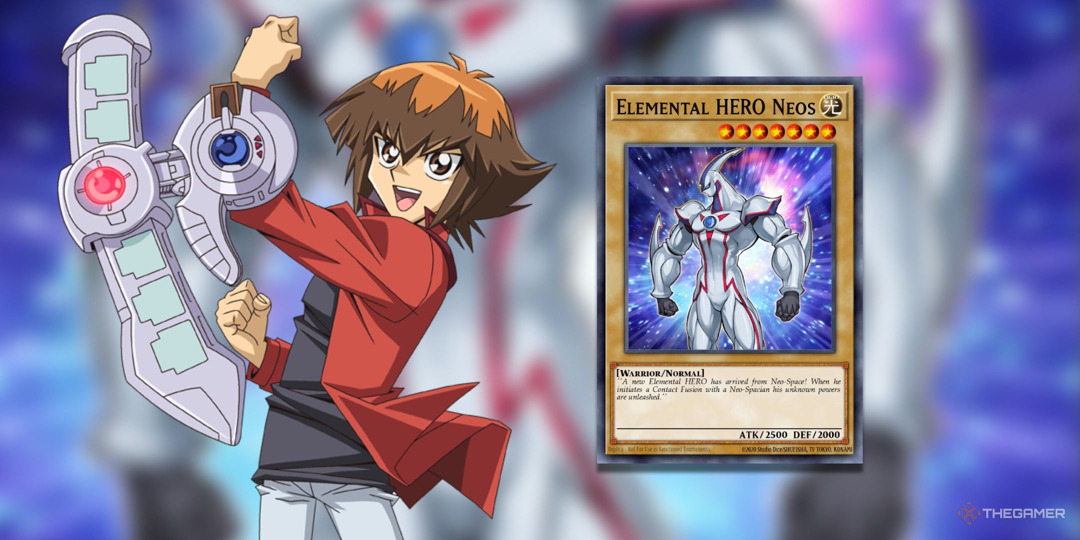 Elemental Hero Neos Yu-Gi-Oh! TCG Card next to Jaden Yuki.