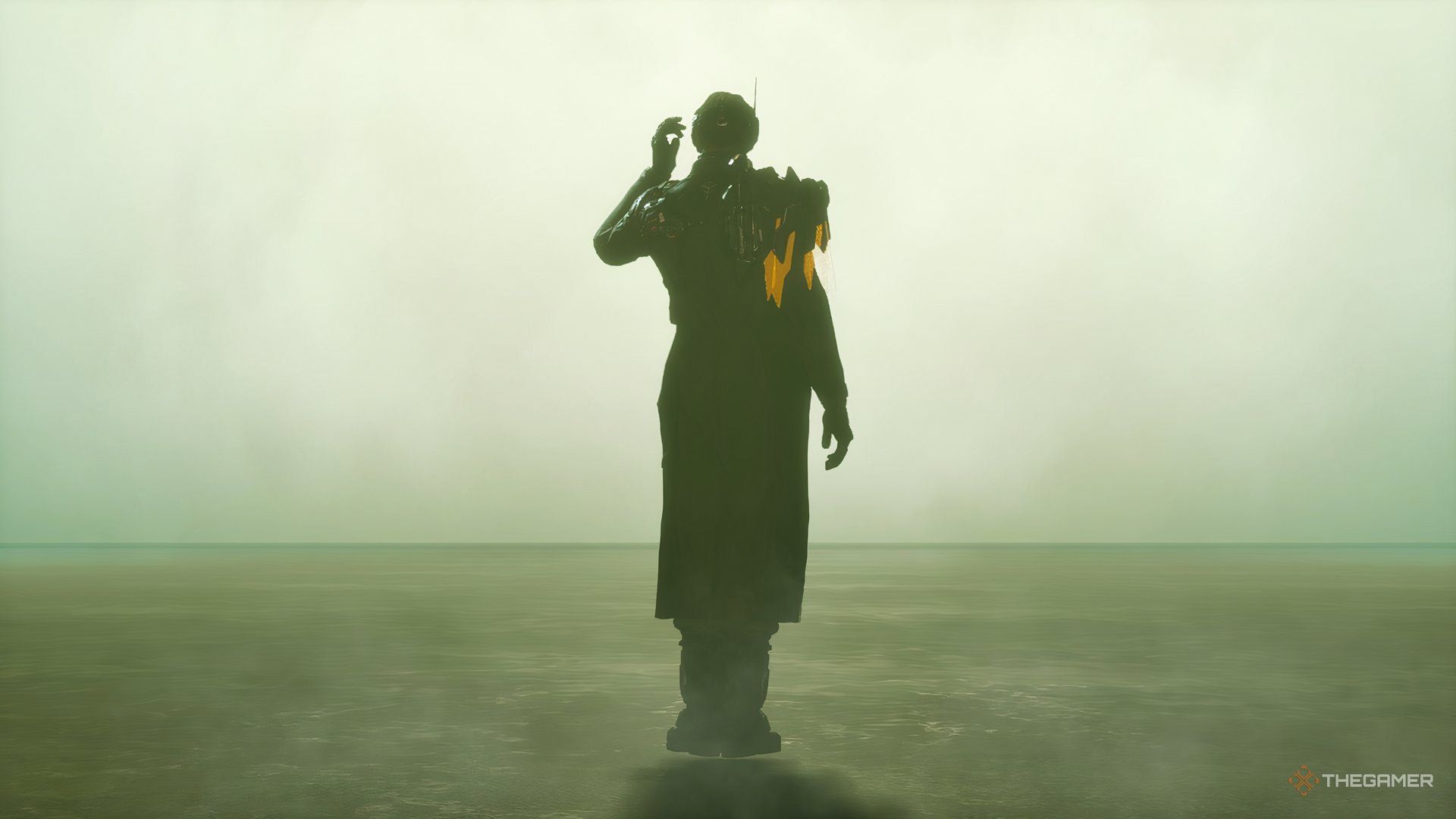 Enzo interacting with his in-ear device while turned back in The First Descendant.