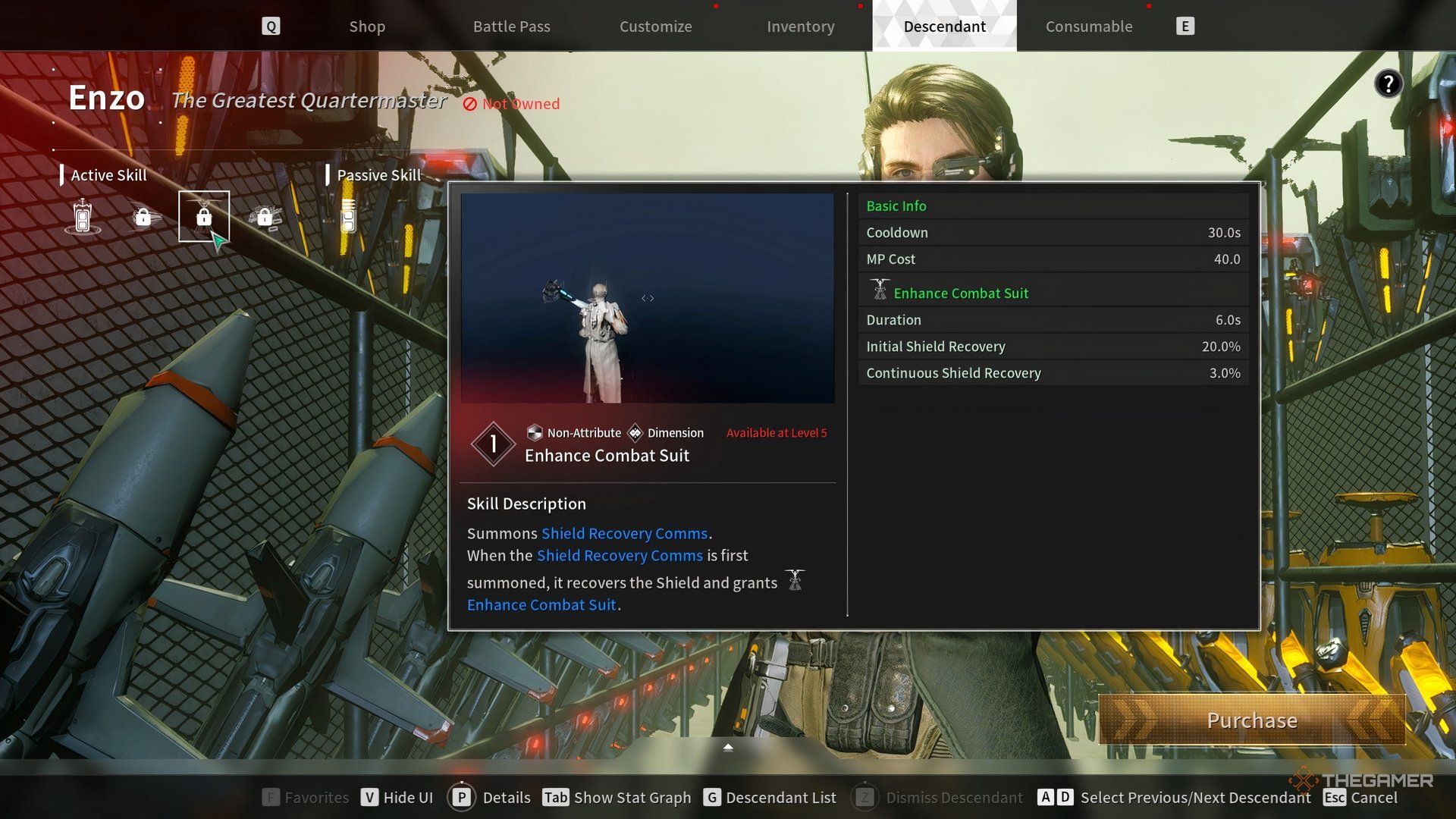 Showcasing Enzo&rsquo;s Enhance Combat Suit ability, including stats and descrption, in The First Descendant.
