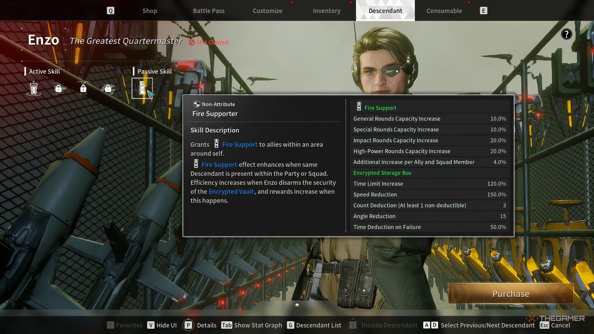 Showcasing Enzo&rsquo;s Fire Supporter ability, including stats and descrption, in The First Descendant.