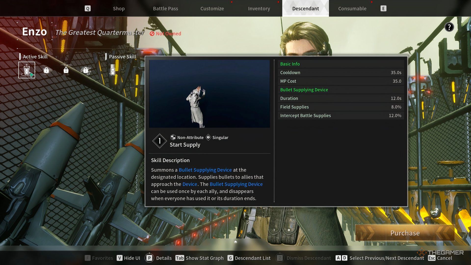 Showcasing Enzo&rsquo;s Start Supply ability, including stats and descrption, in The First Descendant.