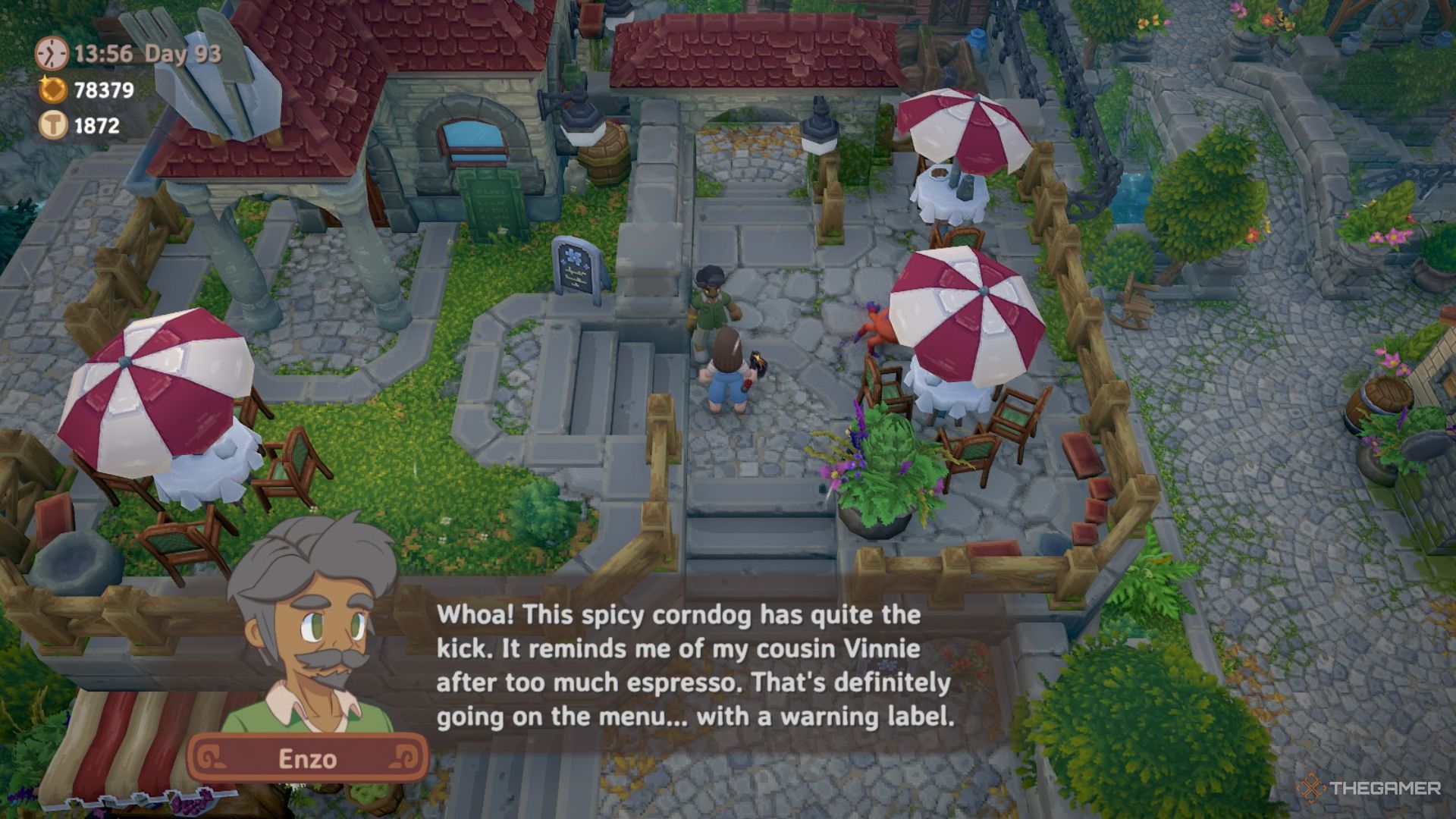 Player character talking with Enzo about a recipe and his cousin Vinnie in Luma Island.