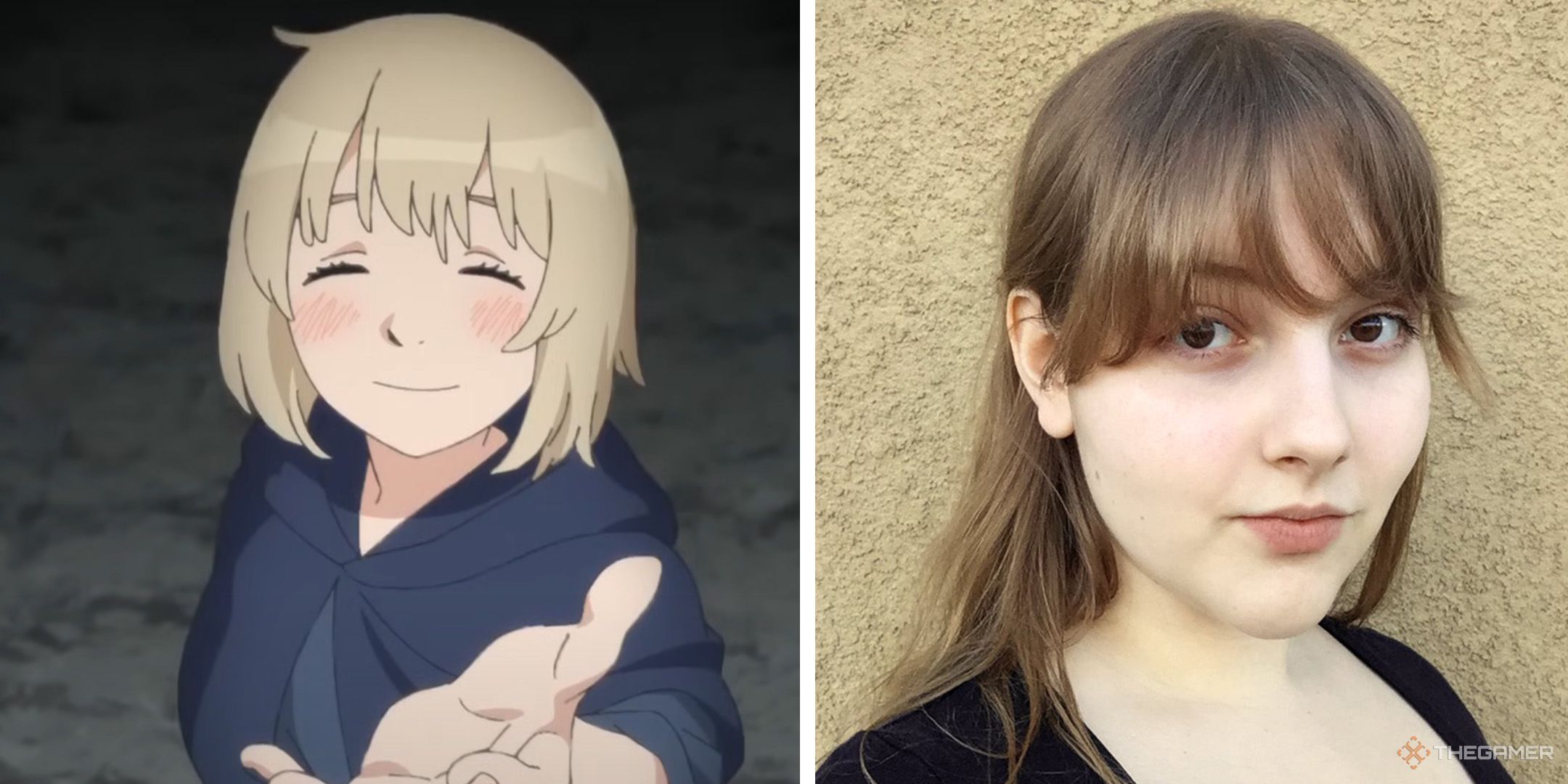 A split image of Falin Touden from Delicious in Dungeon and her voice actor Lisa Reimold.