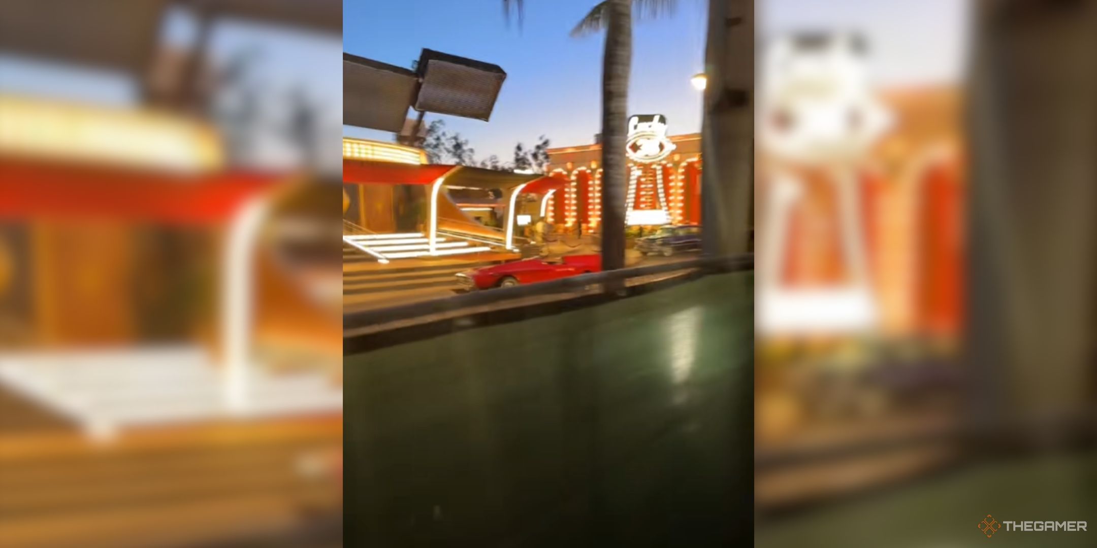 A screenshot from a video taken of the Fallout Season 2 set. It shows the Lucky 38 casino and an old fashioned car