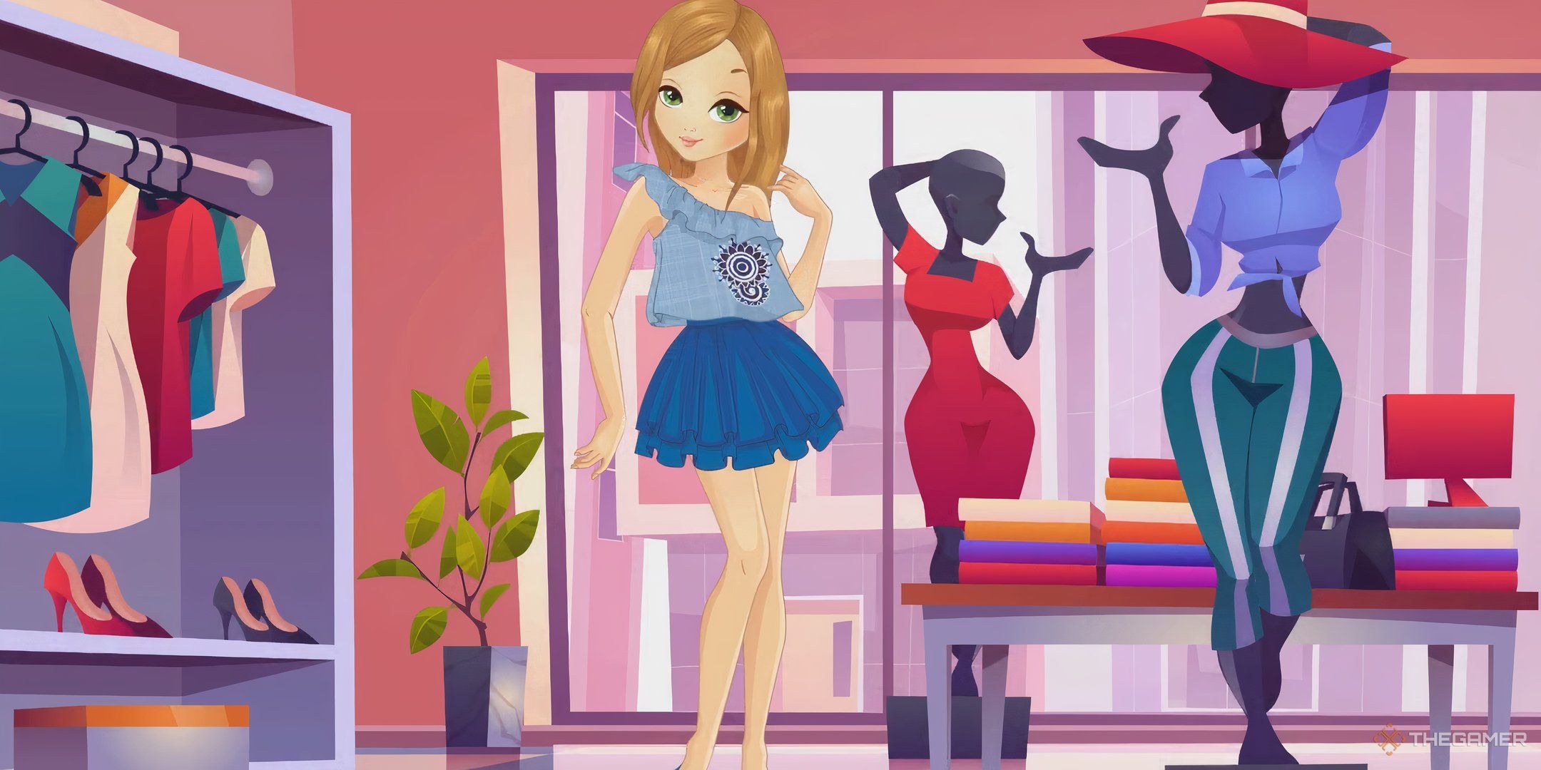 A screenshot from Fashion Girls featuring a blonde model wearing a blue cold-shoulder top with a blue skirt.
