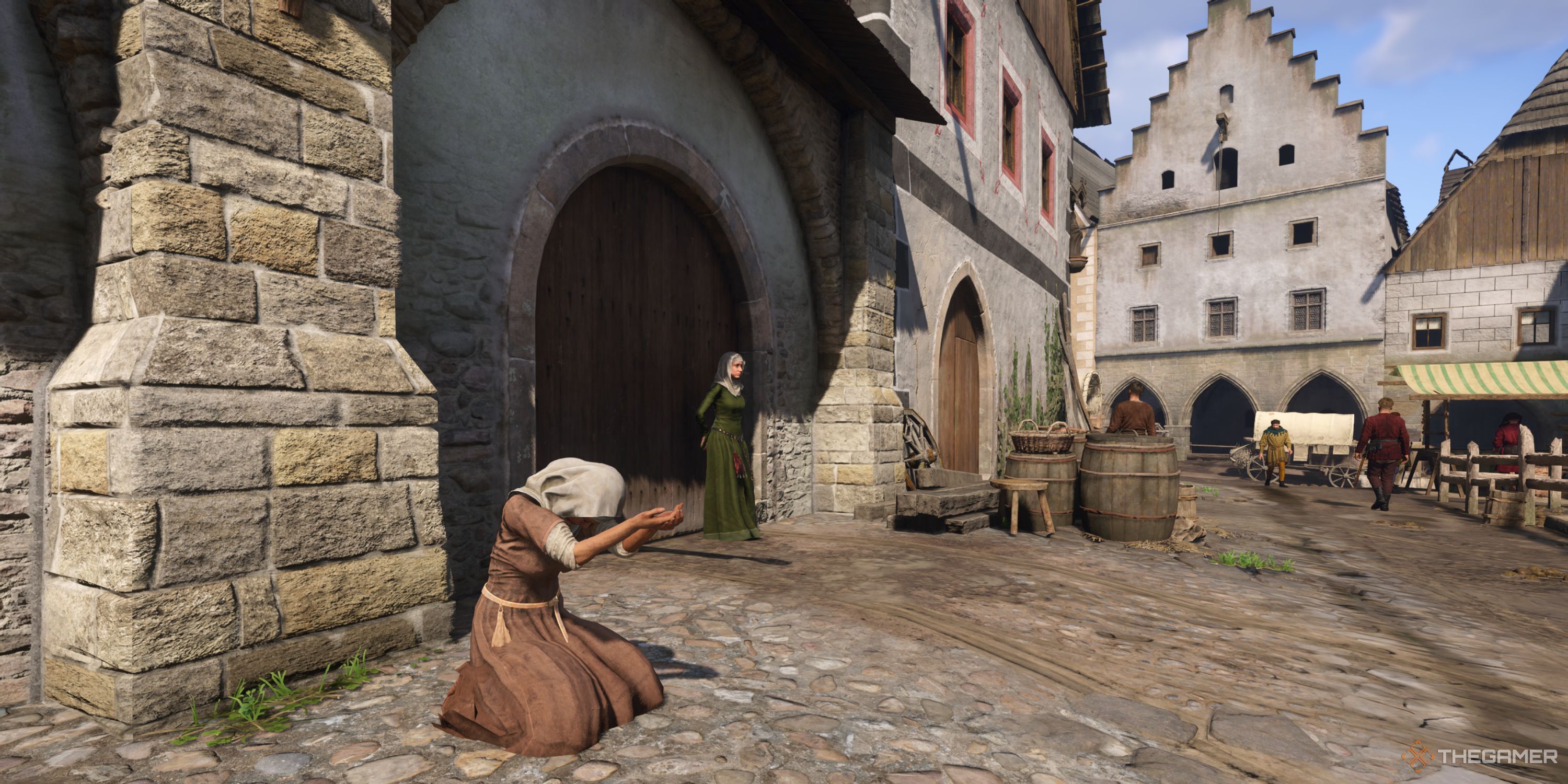 Henry standing in front of a beggar in Kingdom Come: Deliverance 2.