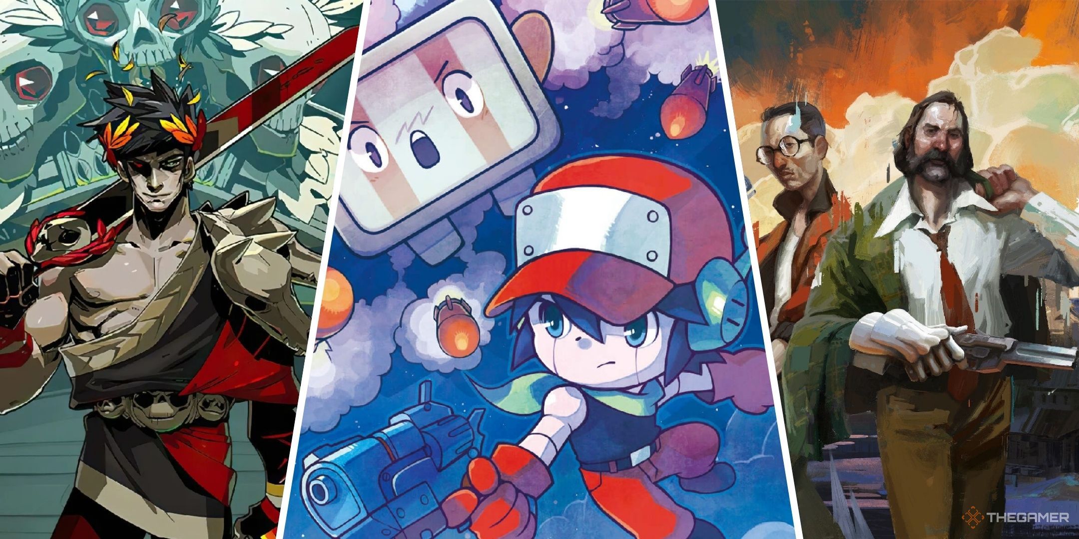 Collage showing characters from Hades, Cave Story and Disco Elysium.