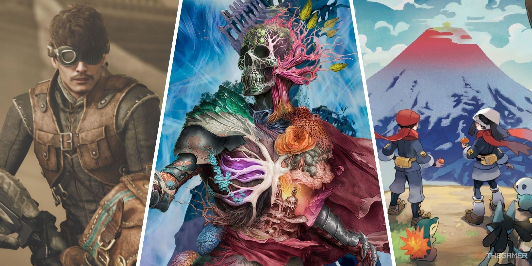 Collage showing images from Monster Hunter Wilds, Avowed and Pokemon Legends Arceus.