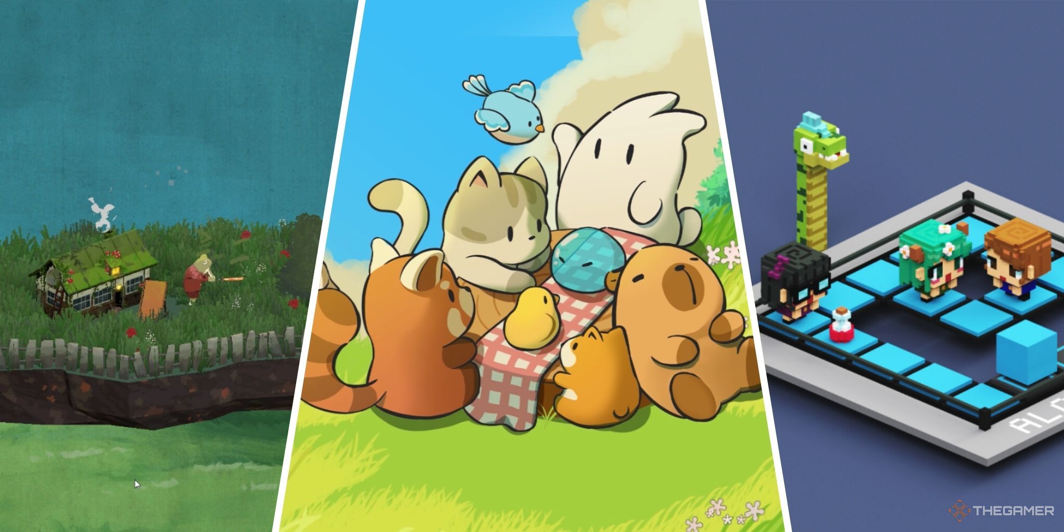 Collage showing gameplay from different desktop pet games on Steam.