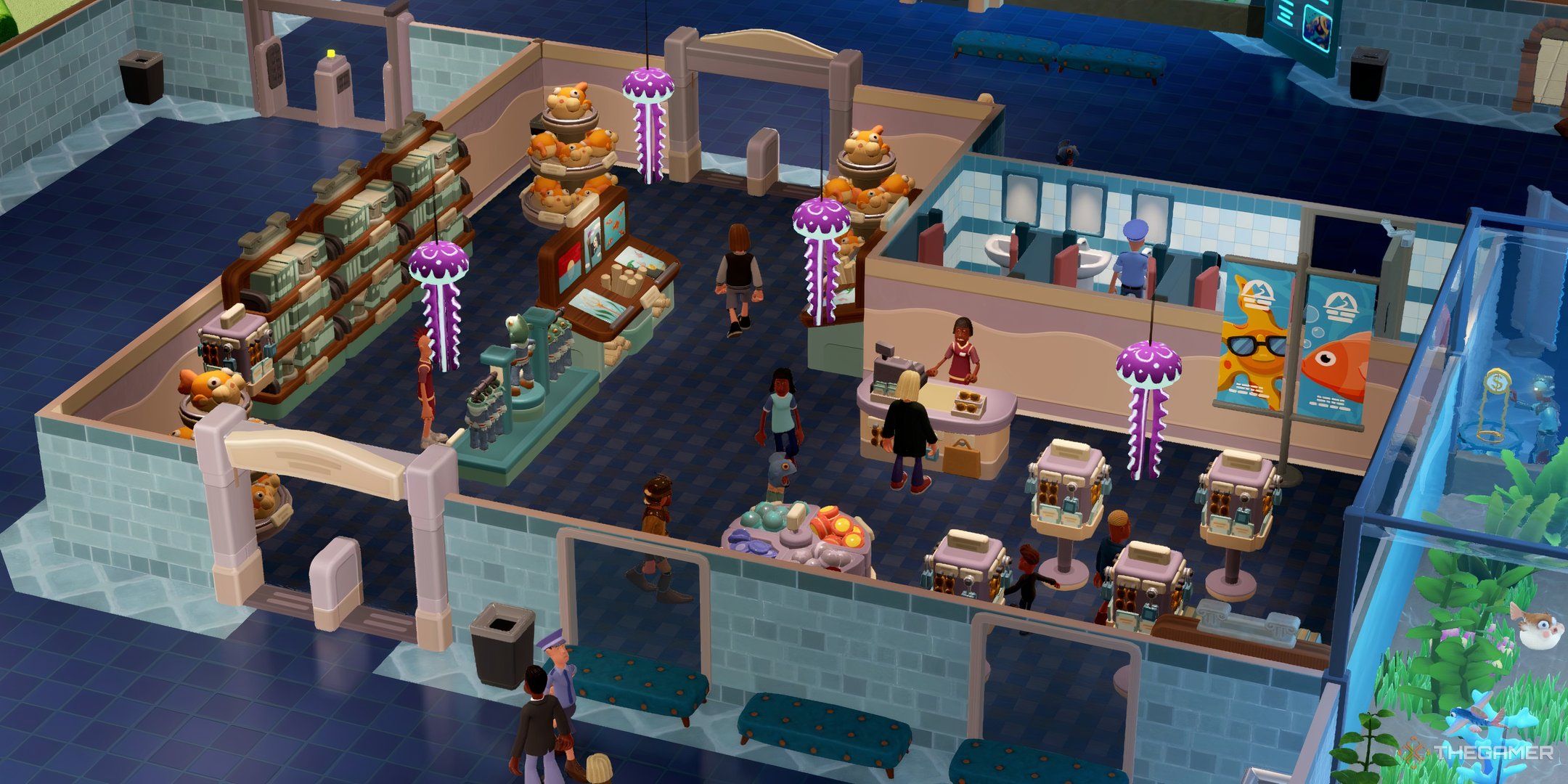 Close up view of a l-shaped gift shop with several guests and one being checked out in Two Point Museum.