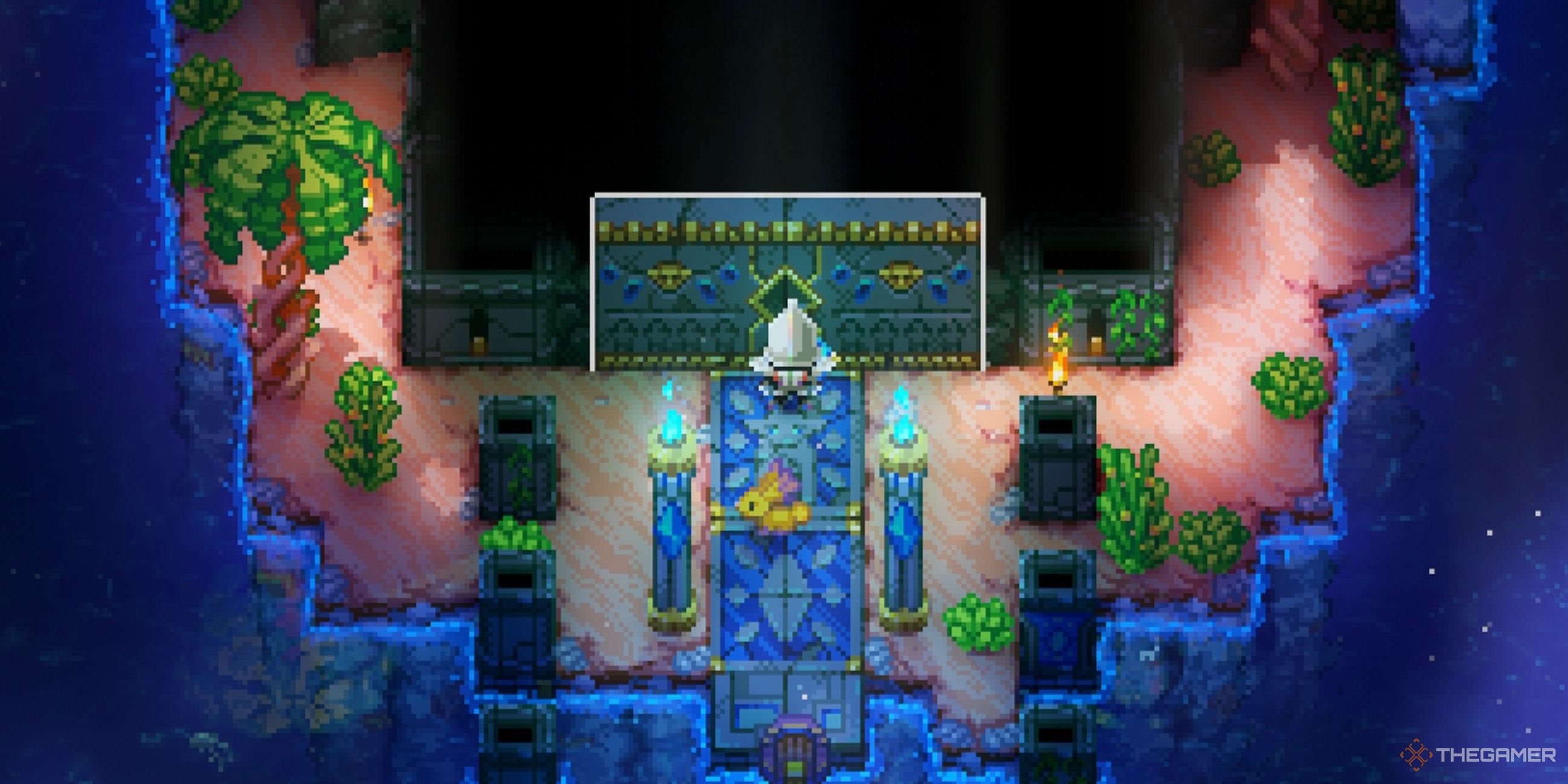 Player character and their Fanhare standing in front of the locked Sunken Shrine in Core Keeper.