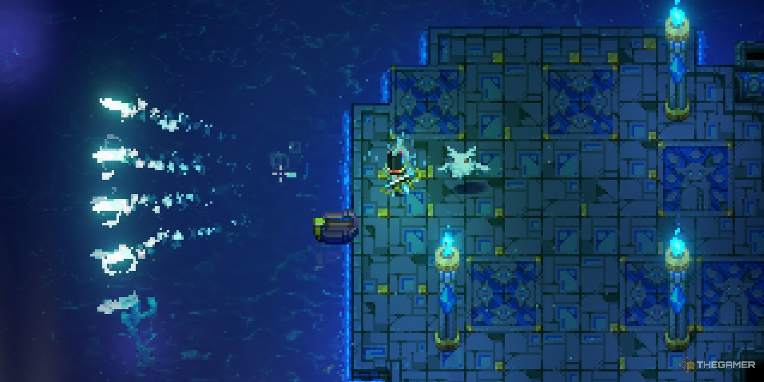 Player character firing a Phantom Spark bow which created five shining projectiles in Core Keeper.