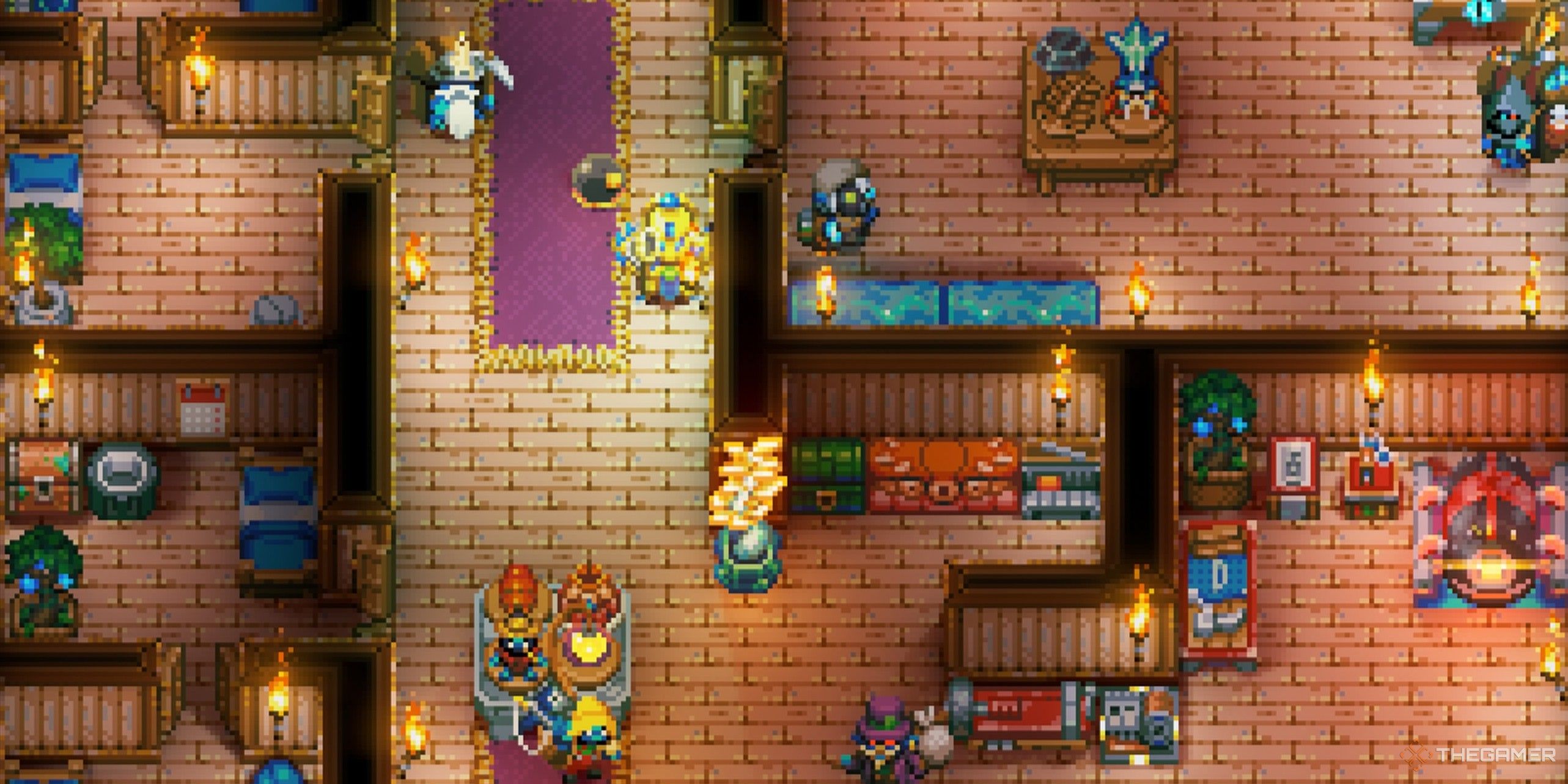 Player character standing in a large base with several decorated rooms and NPCs inside in Core Keeper.