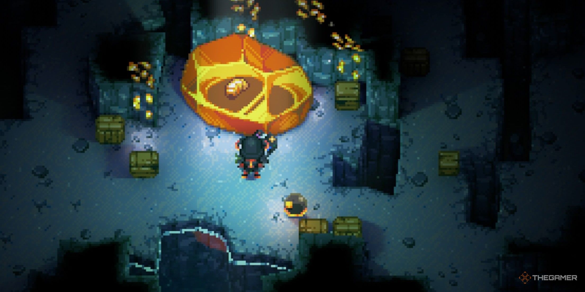 Close up view of a player character standing in front of an Amber Boulder in Core Keeper.
