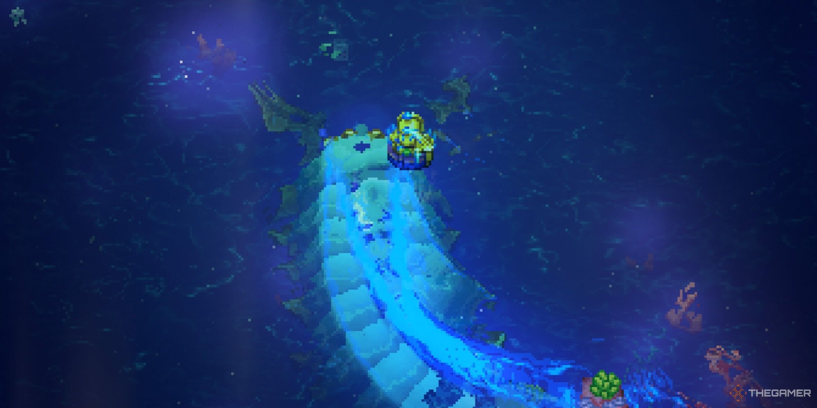 Player character sailing on a boat with a giant aquatic worm swimming beneath them in Core Keeper.