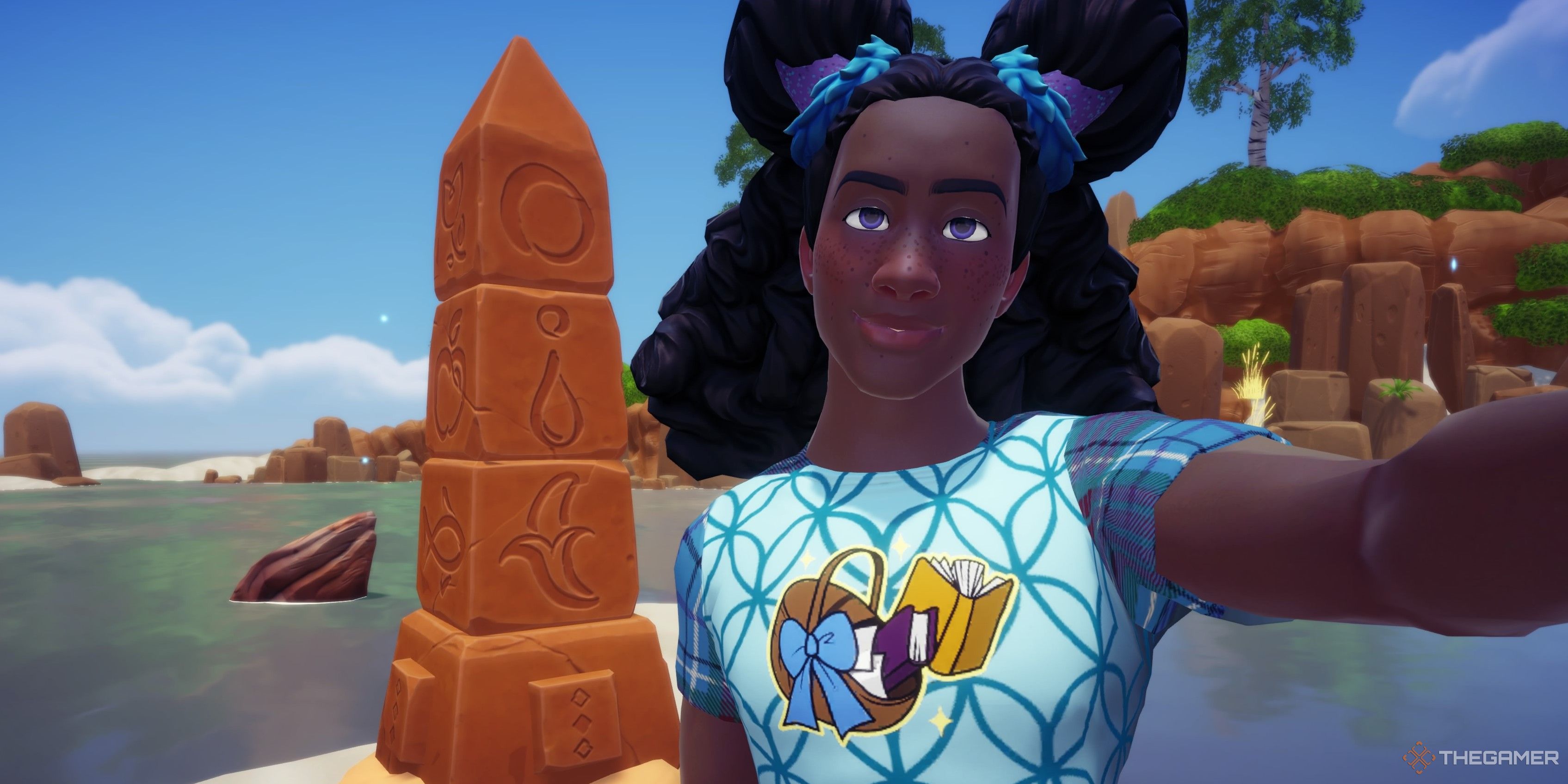 Player character taking a selfie in front of a stone pillar with different symbols on the sides in Disney Dreamlight Valley.