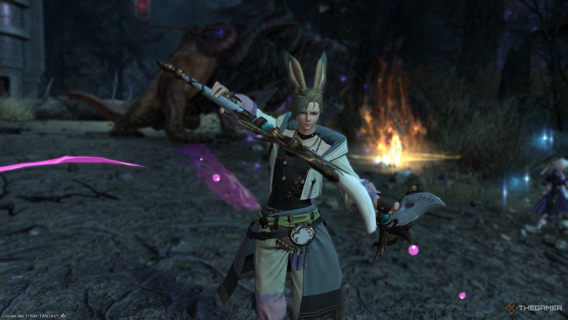 Pictomancer Warrior of Light using Thunder in Magenta in Yuweyawata Field Station in Final Fantasy 14 Dawntrail.