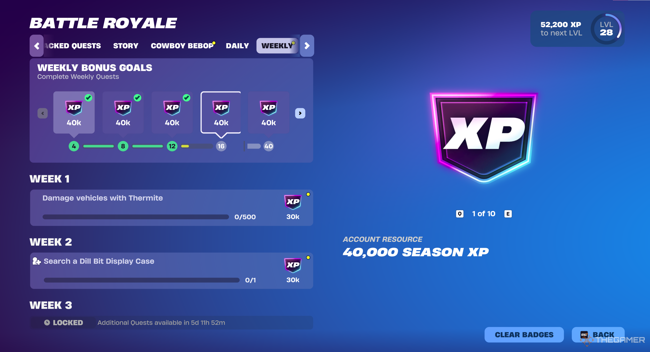 A screenshot showing the weekly quests in Fortnite.