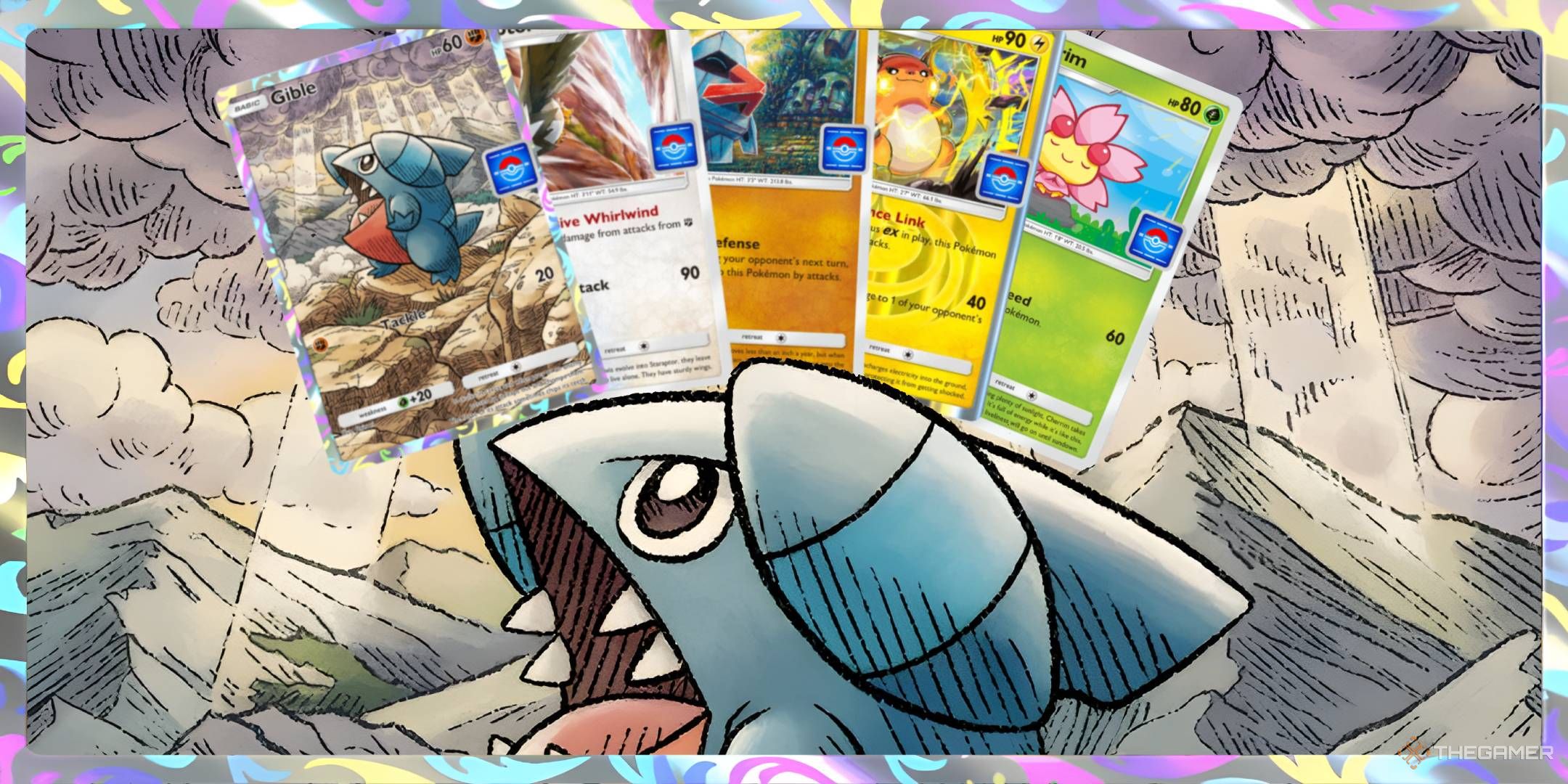 Gible looks up at the promo cards featured in the Gible Drop Event.